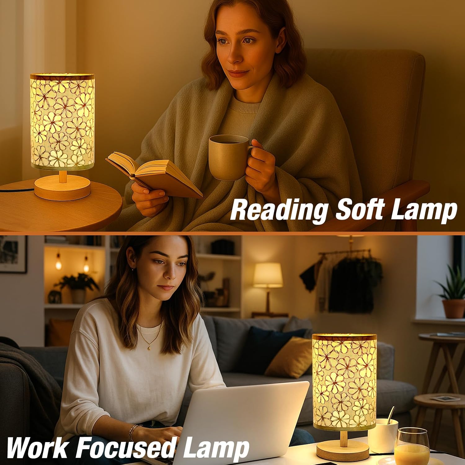 Desk Lamp LED Bulb Included, Small Bedside Table Lamp Plug-in - Classic Wood Base with Flaxen Fabric Shade, Lamps for Night Stands…