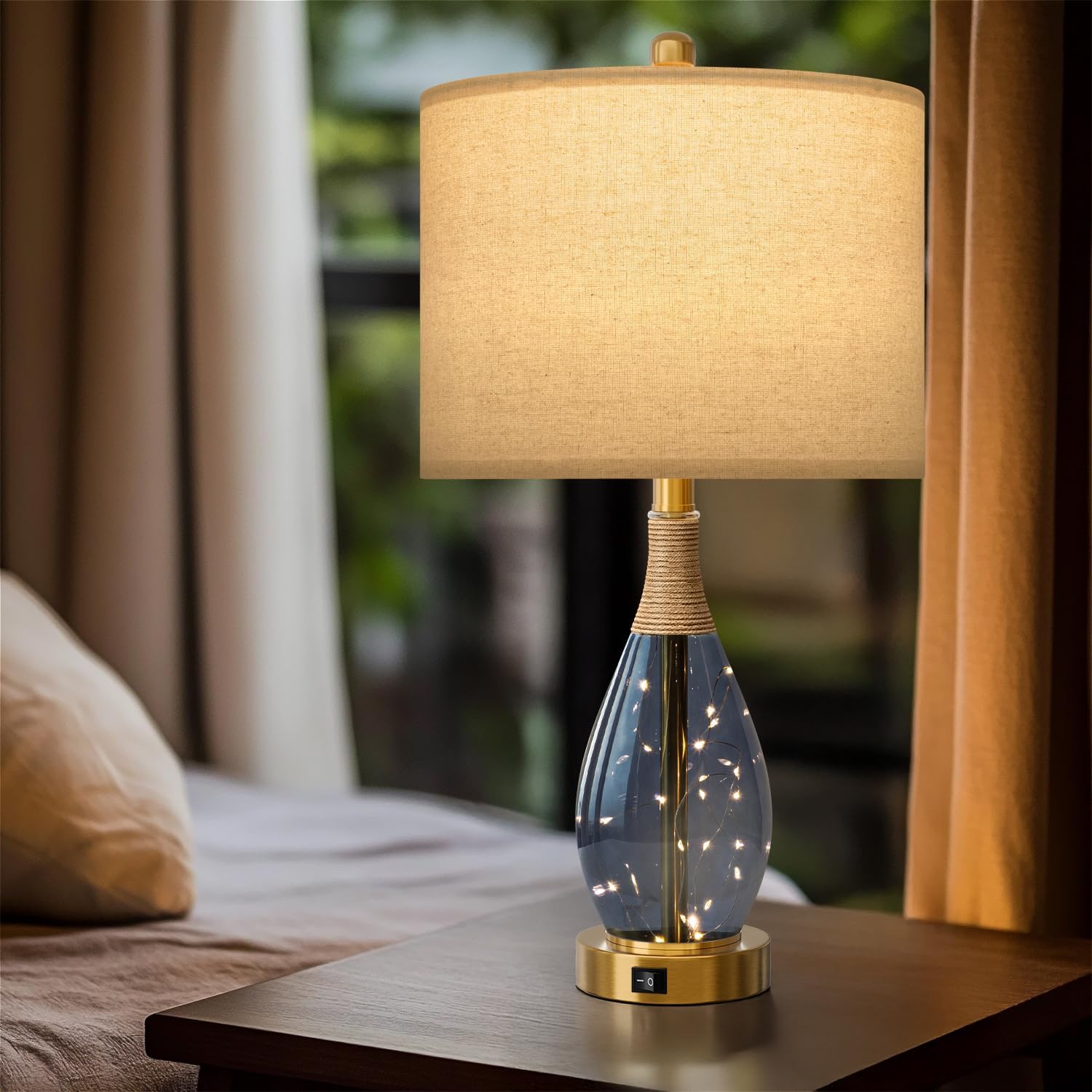 OYEARS 23" Table Lamps for Living Room Set of 2 Bedside Lamps for Night Stands Bedroom Lamps Farmhouse Rattan Boho Lamp Glass Nightlight…