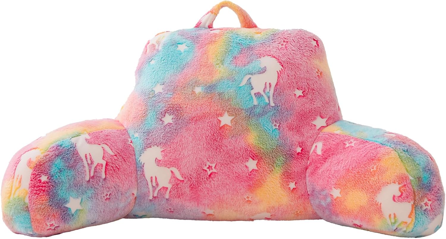 Anicenight A Nice Night Unicorn Plush Reading Pillow Glow in The Dark Colorful Star Bed Wedge Children Backrest with Arms Back Support for…
