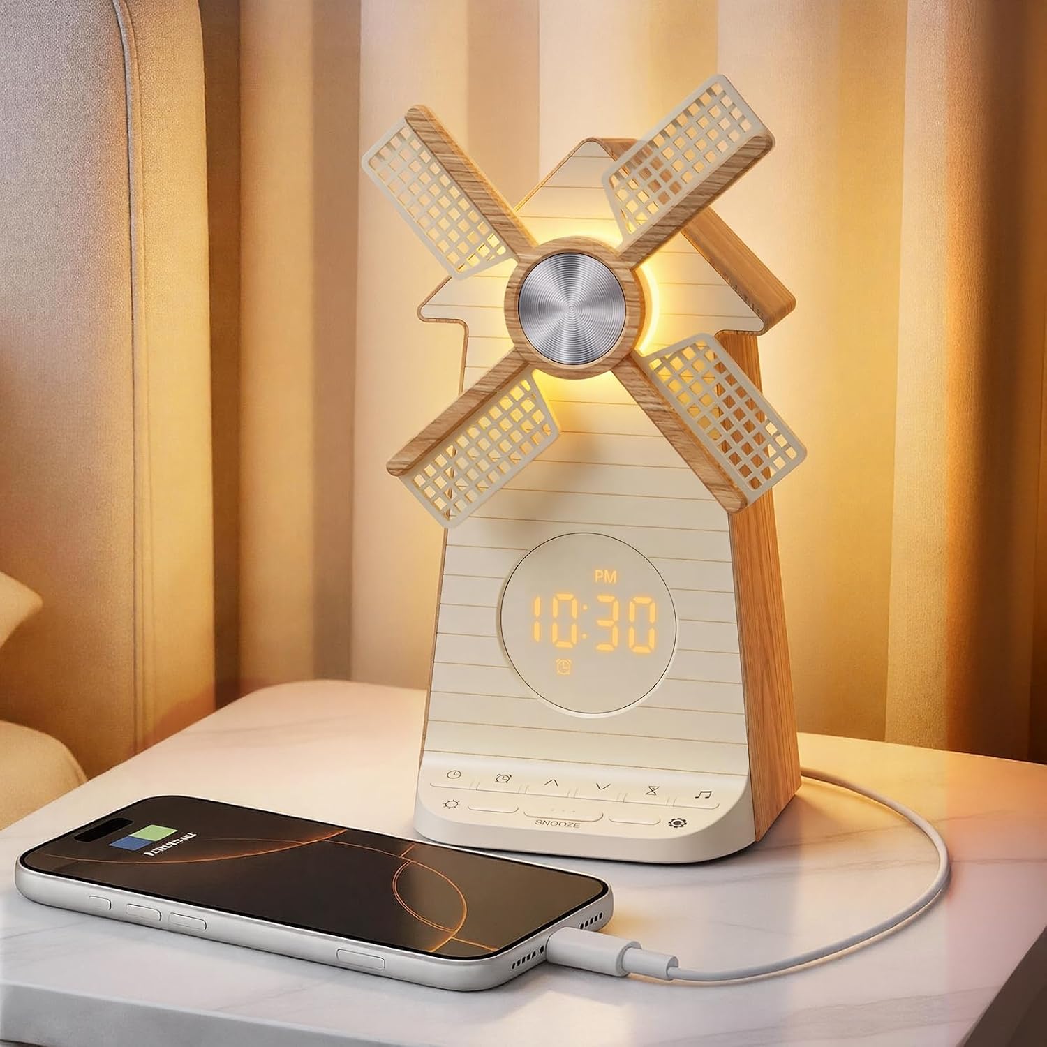 Reteyung Alarm Clock with Rotating Windmill, Sound Machine with Wake up Light, Snooze,10 Nature Sounds & 10 White Noises,15 Ringtones, USB Cha…
