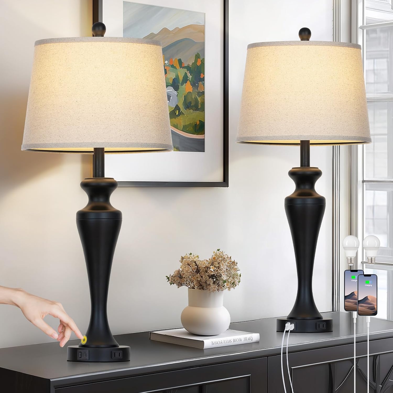 Ruzectt 30" Table Lamps Set of 2, 3-Way Dimmable Touch Bedside Lamp with USB A+C Ports and AC Outlet, Tall Living Room Lamps for Side…