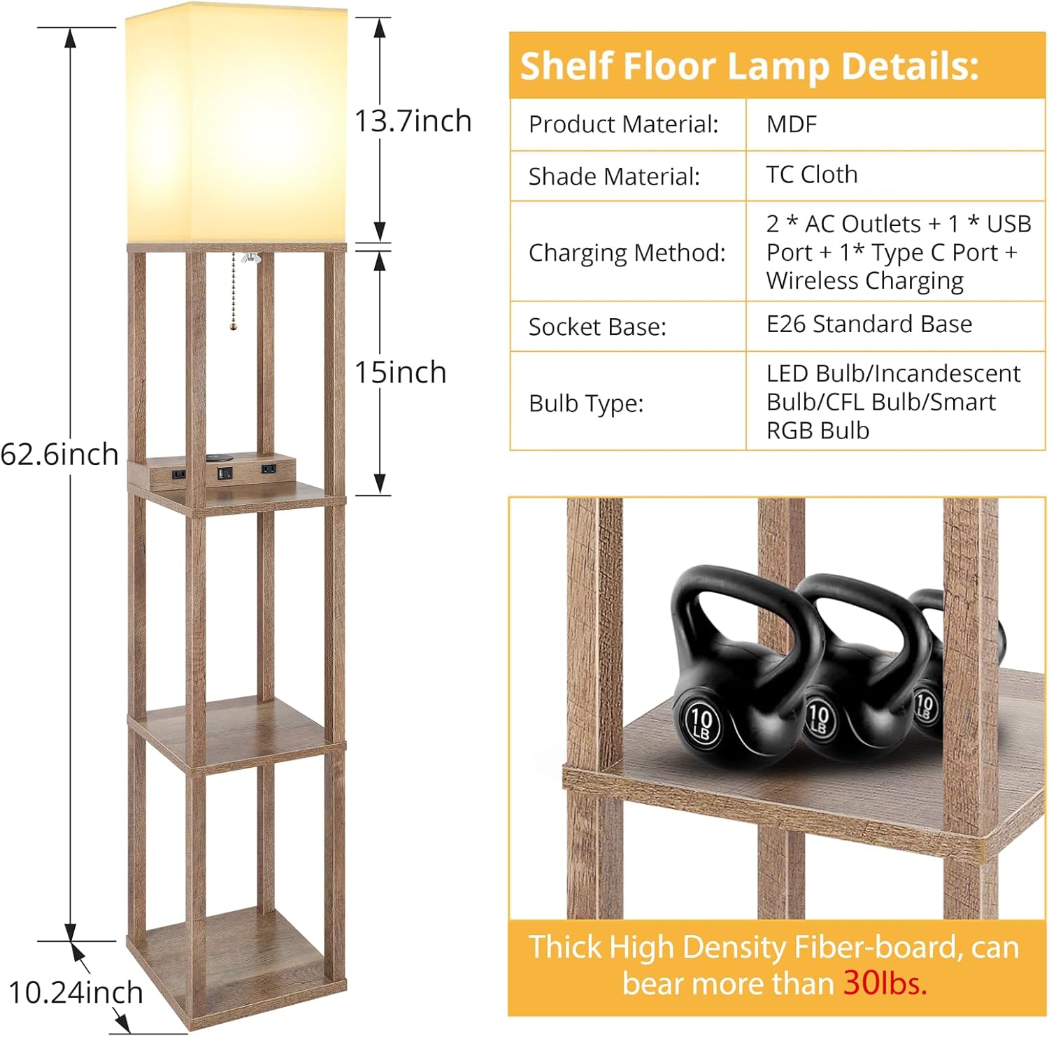 Mlambert Modern Shelf Floor Lamp with Wireless Charger & Fast Charging USB Ports & Type C Port & 2 Power Outlets,3 Tier Storage Lamp for…