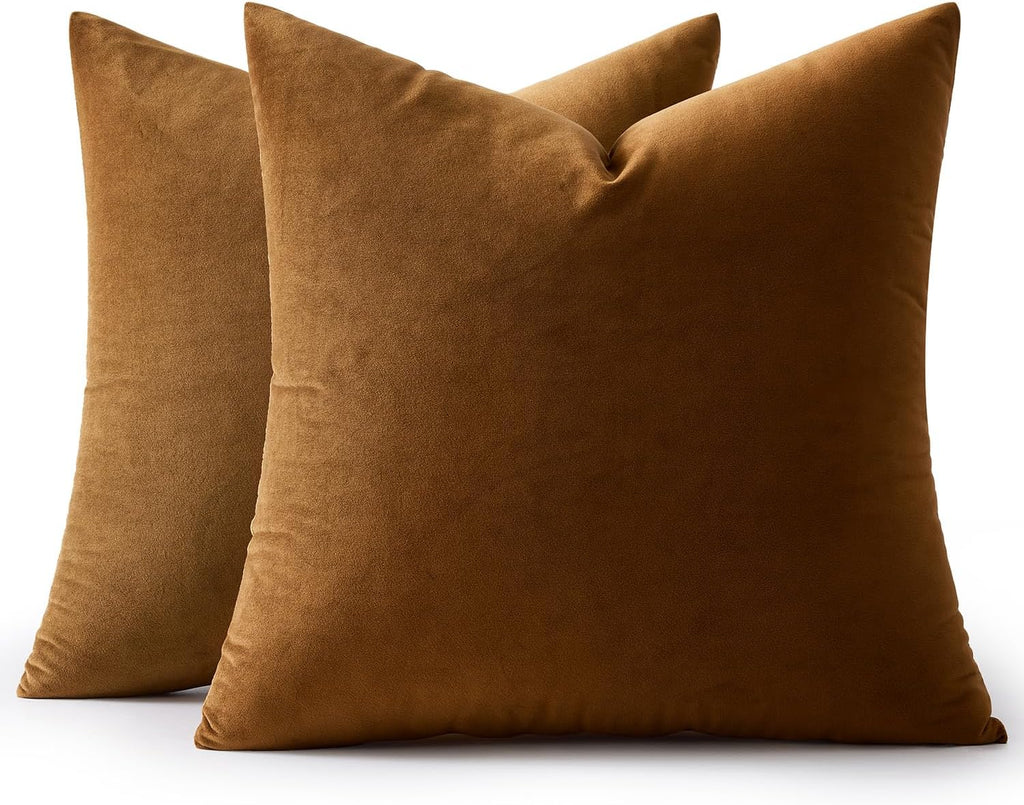 Miulee Velvet Throw Pillow Covers 20x20 Inch, Pack of 2 - Golden Brown, Super Soft Decorative Square Cushion Cases Modern Luxury Home Decor…