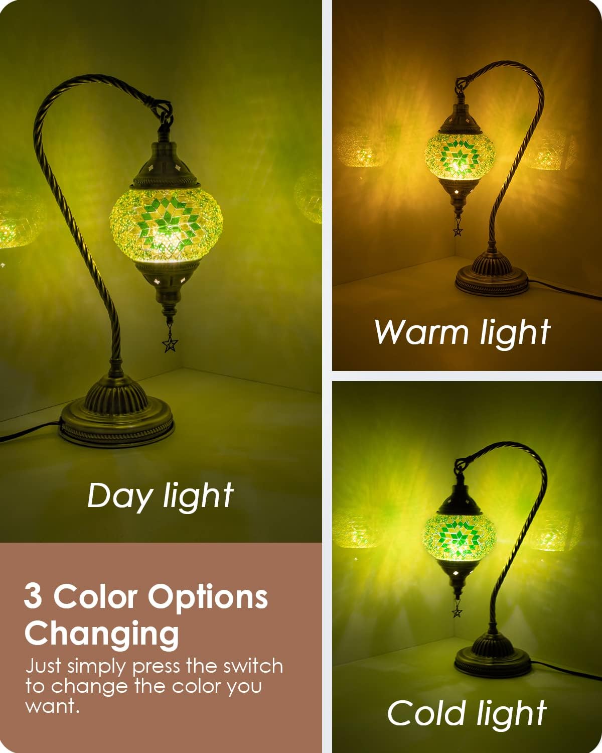 Yarra-Decor Turkish Moroccan Lamp with Bronze Base 3 Color Options Handmade Swan Neck Tiffany Mosaic Glass Bedside Lamps for Bedroom (LED…