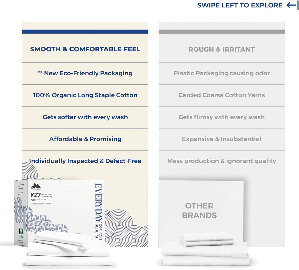 Mayfair Linen 100% Organic Cotton Percale Sheets California King Size - White Cotton Percale Sheets California King, 4 PC Percale Sheets…