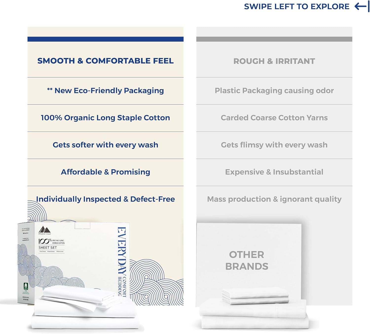 Mayfair Linen 100% Organic Cotton Percale Sheets California King Size - White Cotton Percale Sheets California King, 4 PC Percale Sheets…