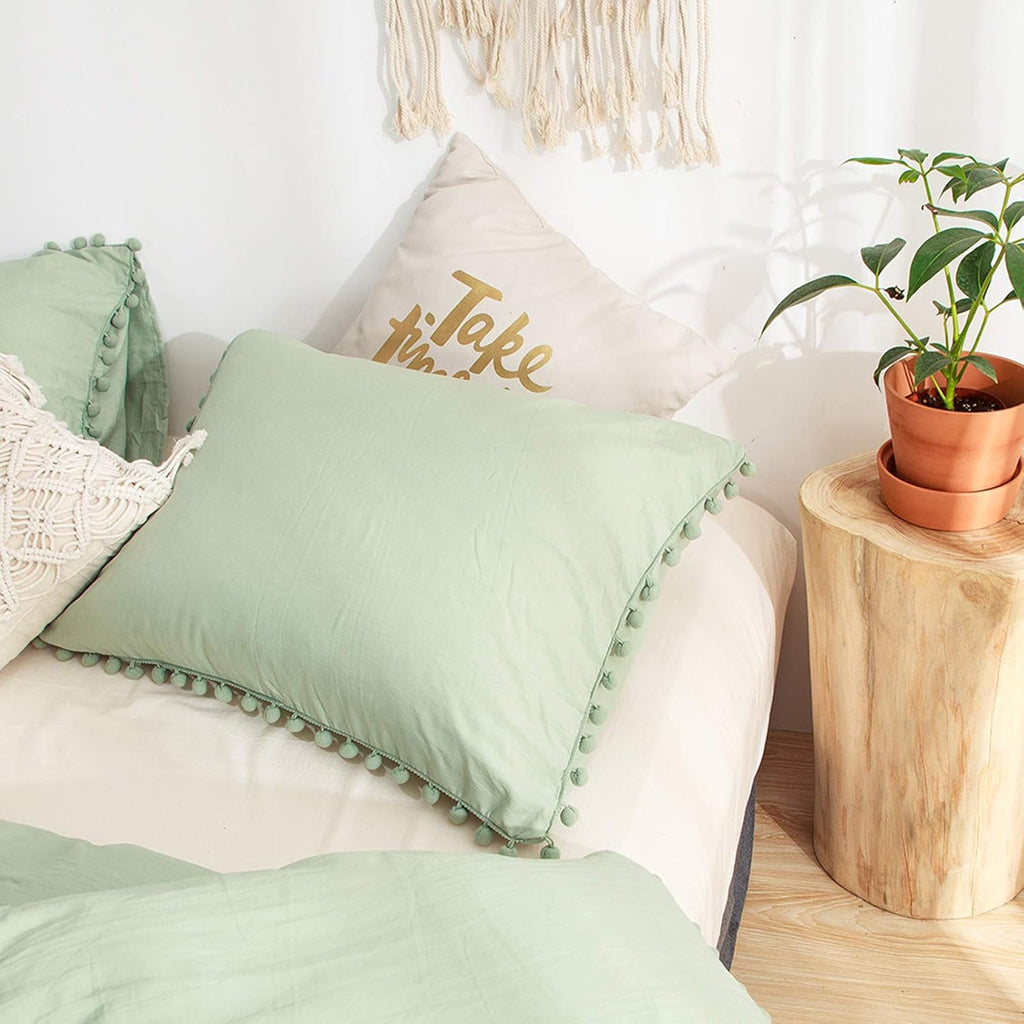 Moveover Sage Green Pom Poms Pillow Cases, Green Pillowcases Set of 2, 100% Soft Washed Microfiber, Dark Green Pillow Shams King, 2 Pack (K…