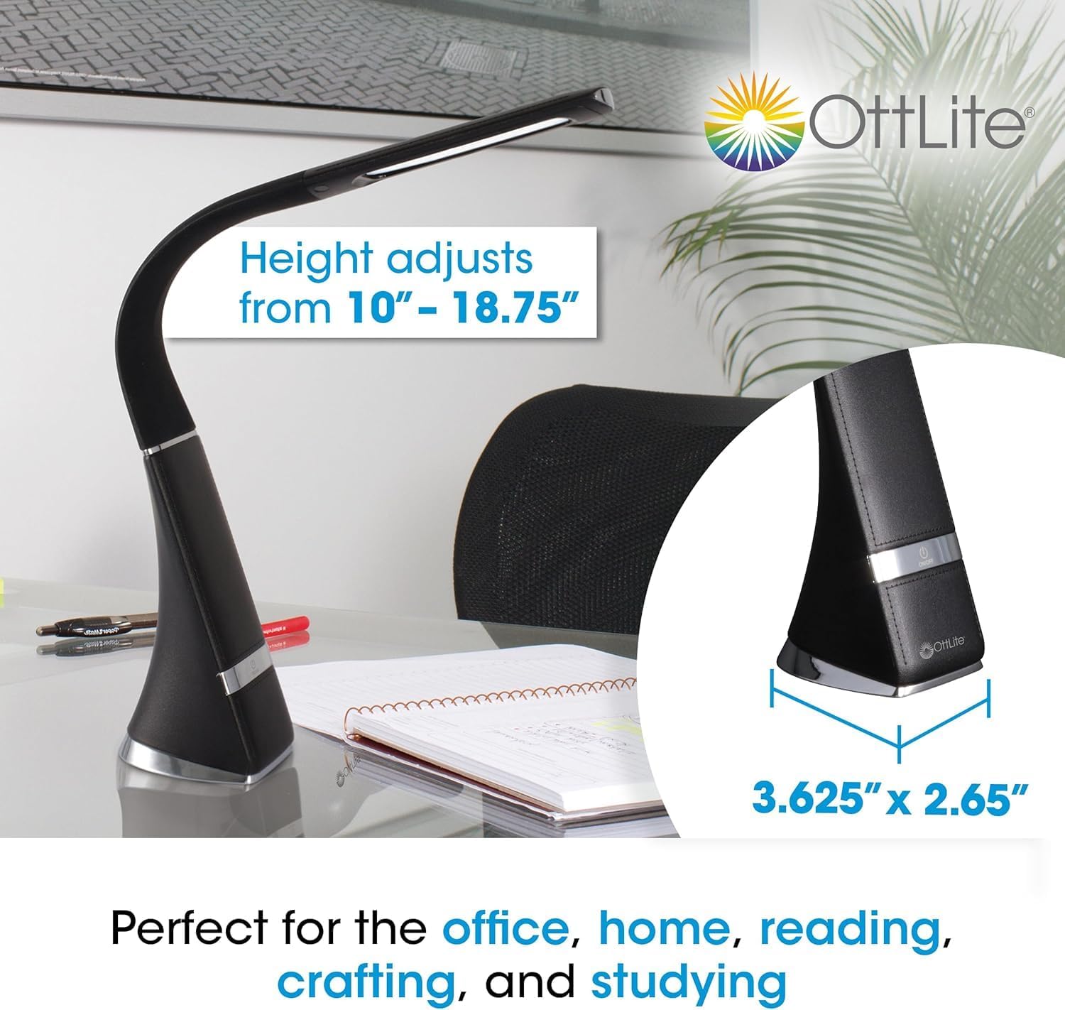 Ottlite Recharge LED Desk Lamp with ClearSun LED Technology - Portable, Dimmable & Flexible Gooseneck - Travel-Friendly Task Lamp with Rech…