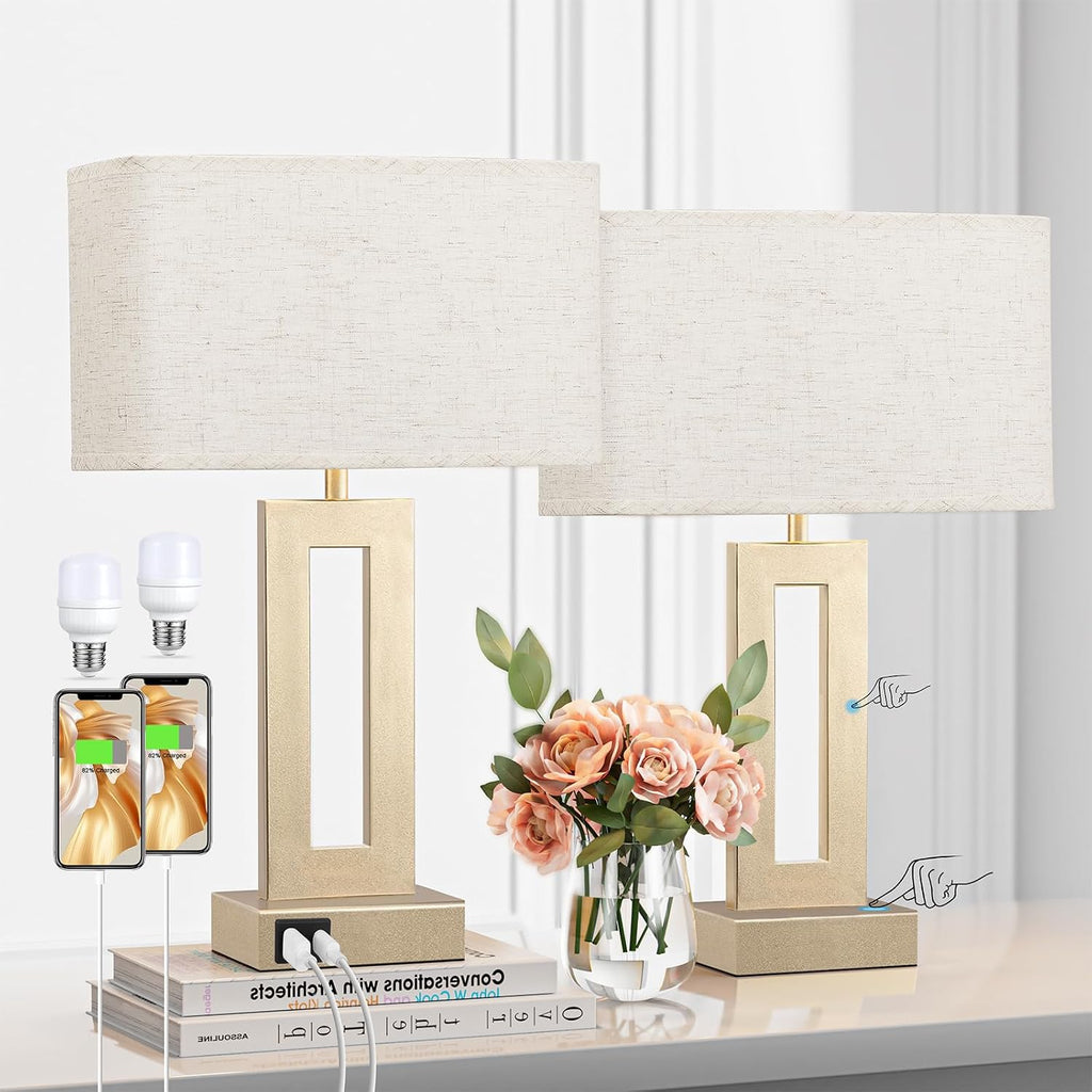 Seealle Bedroom Table Lamps Set of 2 - Beige Gold Touch Bedside Lamps with USB C+A, 3 Way Dimmable Gold Lamp for Nightstand, Modern Night…