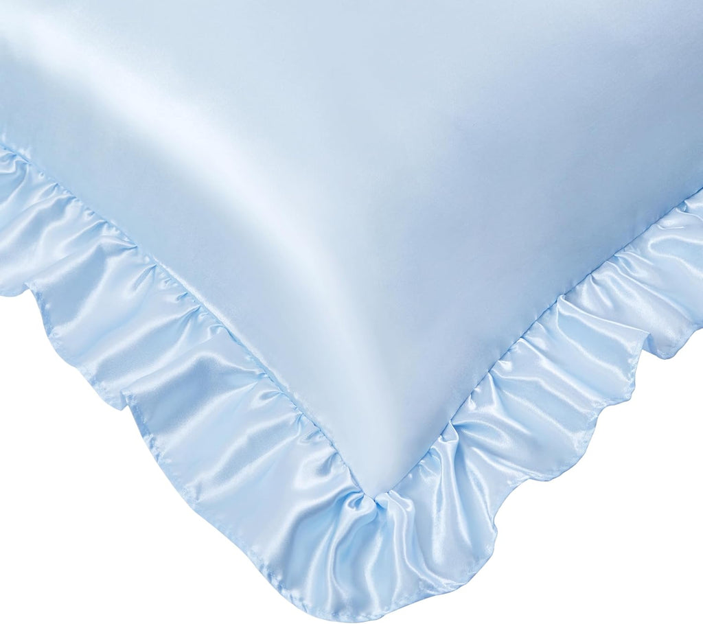 HommxJF Silky Satin Ruffled Pillow Cases for Hair and Skin, Light Blue Silk Pillowcases Queen Set of 2 with Envelope Closure Princess Room D…
