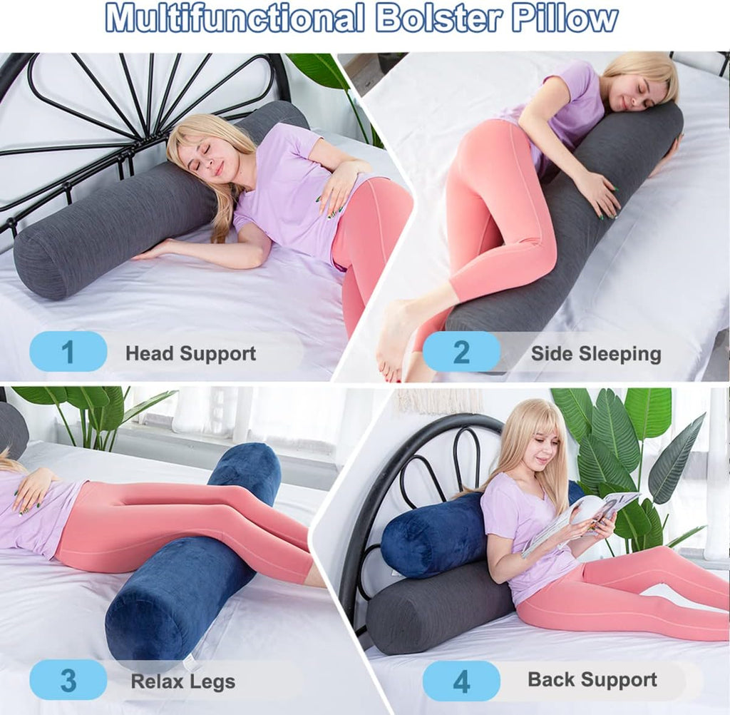 1 MIDDLE ONE Body Pillow, Bolster Pillow with Cooling Cover, Long Round Roll Cylinder Pillow for Bed, 47" x 7.87", Blue