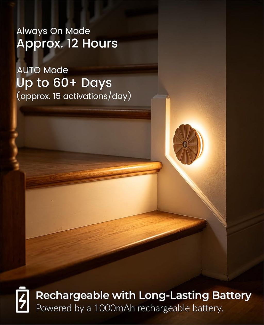 Night Light Wooden Carved Flower Mini USB Rechargeable Motion Sensor Nightlights Magnetic Wall Light for Hallway, Bedroom, Living Room…