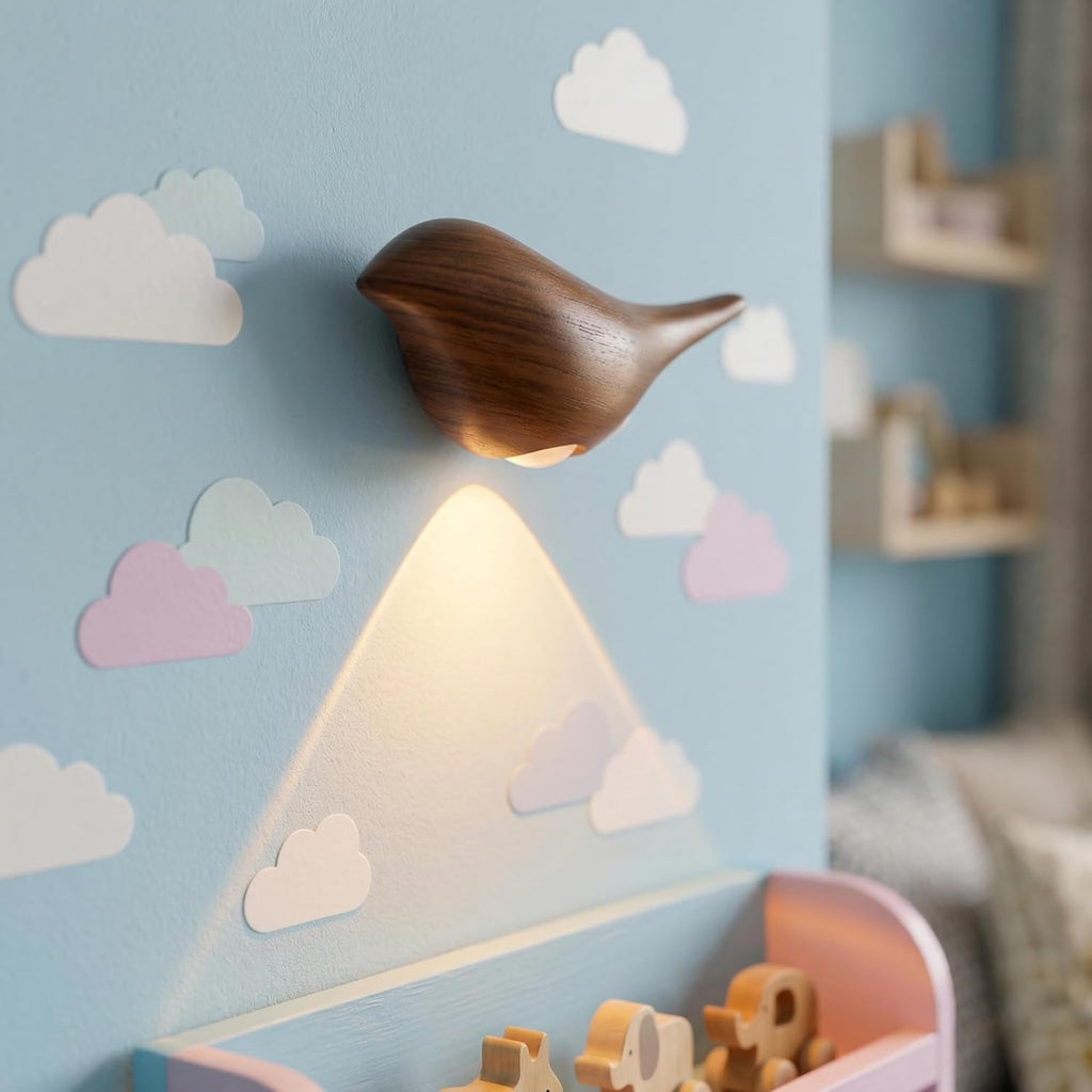 2-Pack Faux Walnut Bird Wall Sconces, Walnut-Look Plastic Cordless Motion Sensor LED Night Lamps, Rechargeable Battery Operated for…