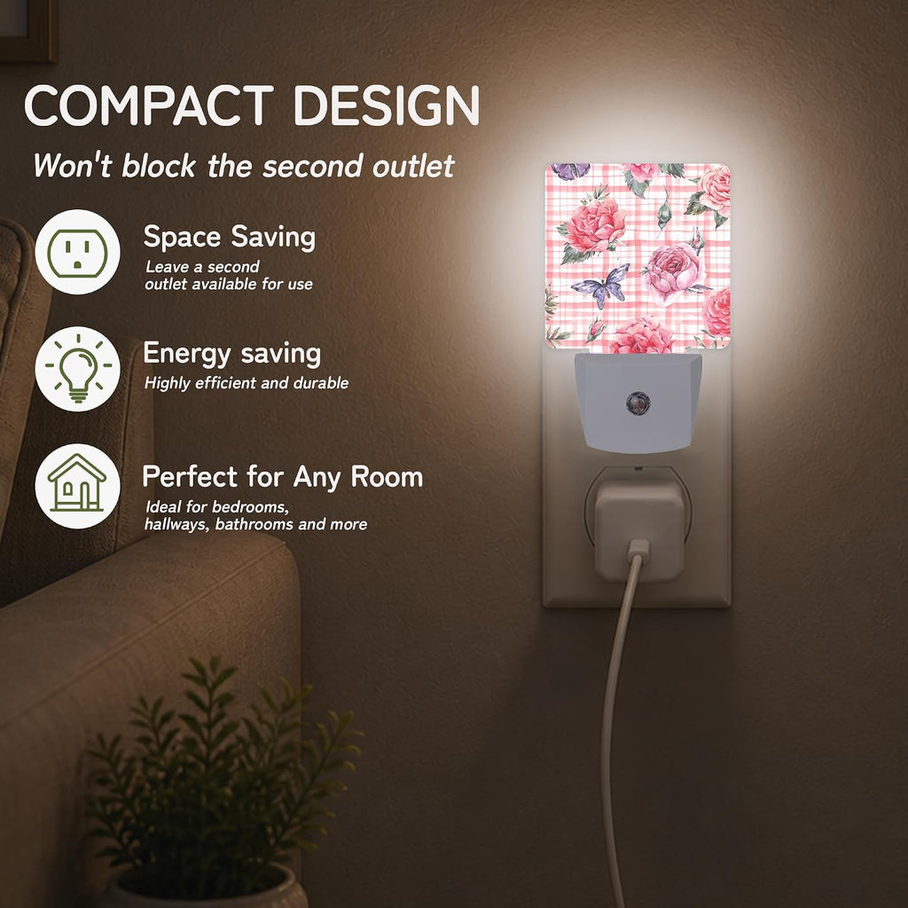 Pink Floral Gingham Night Lights Plug into Wall, Night Light for Bedroom Bathroom Hallway Kitchen, Auto Dusk to Dawn Sensor Decorative…