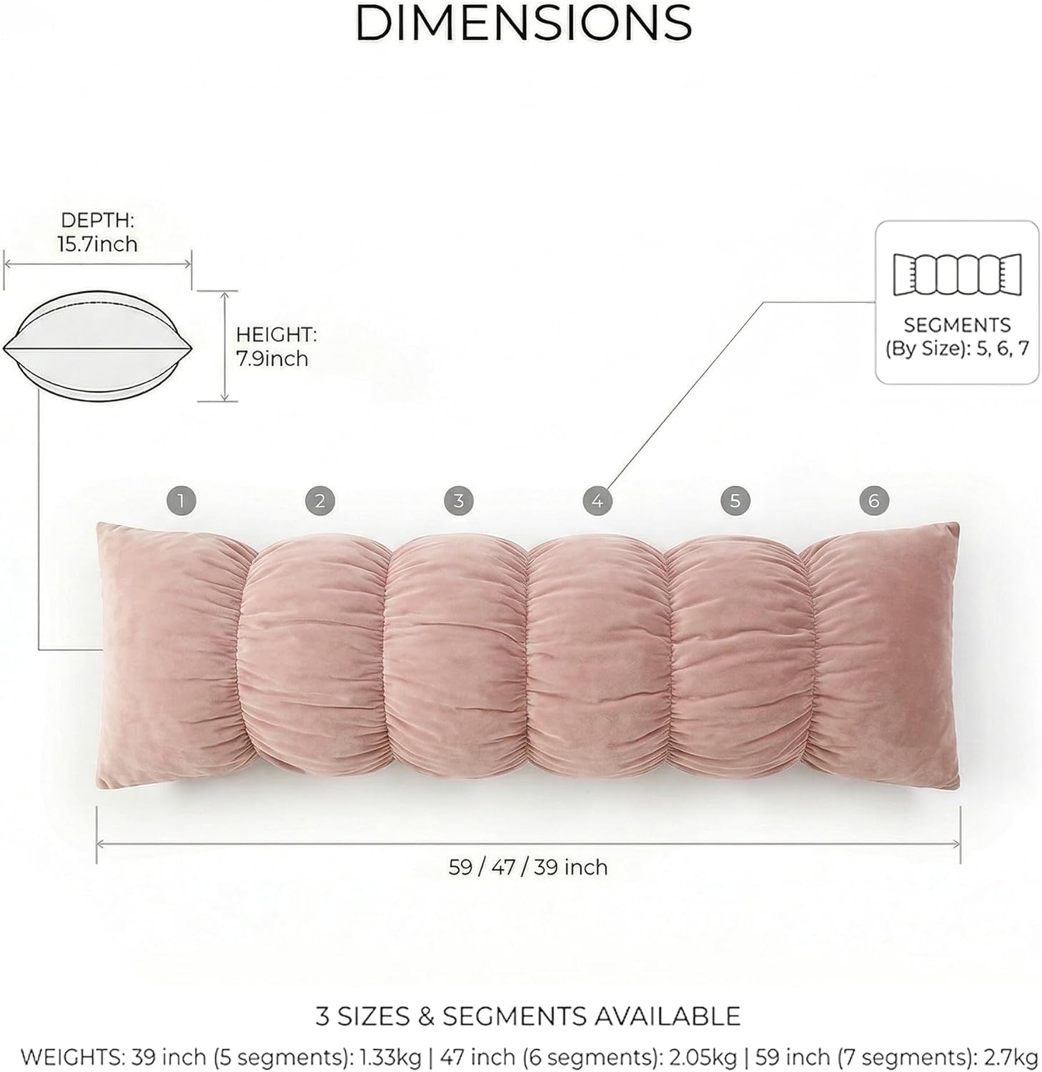 Ailuteie Pat. Pend. Body Pillow for Adults, Long Bed Pillow for Side Sleepers with Segmented Design, Soft Velvet Pillowcase (Pink, 47" x 15…