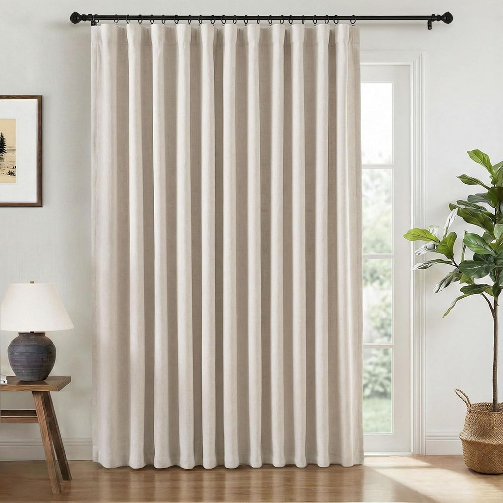 INOVADAY 100% Blackout Curtains for Sliding Glass Doors, 102 Inch Extra Wide Sliding Door Curtains, Clip Rings Linen Drapes, Thermal…