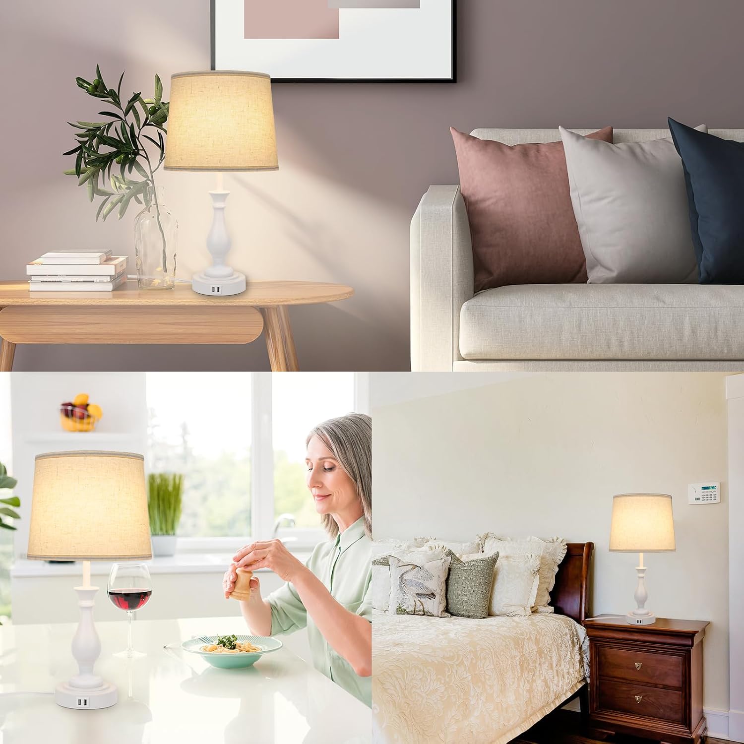 LALISU Farmhouse Table Lamp Touch Control 3-Way Dimmable Table Lamp, Modern Nightstand Lamp with 2 USB Port Bedside Desk Lamp with Fabric…