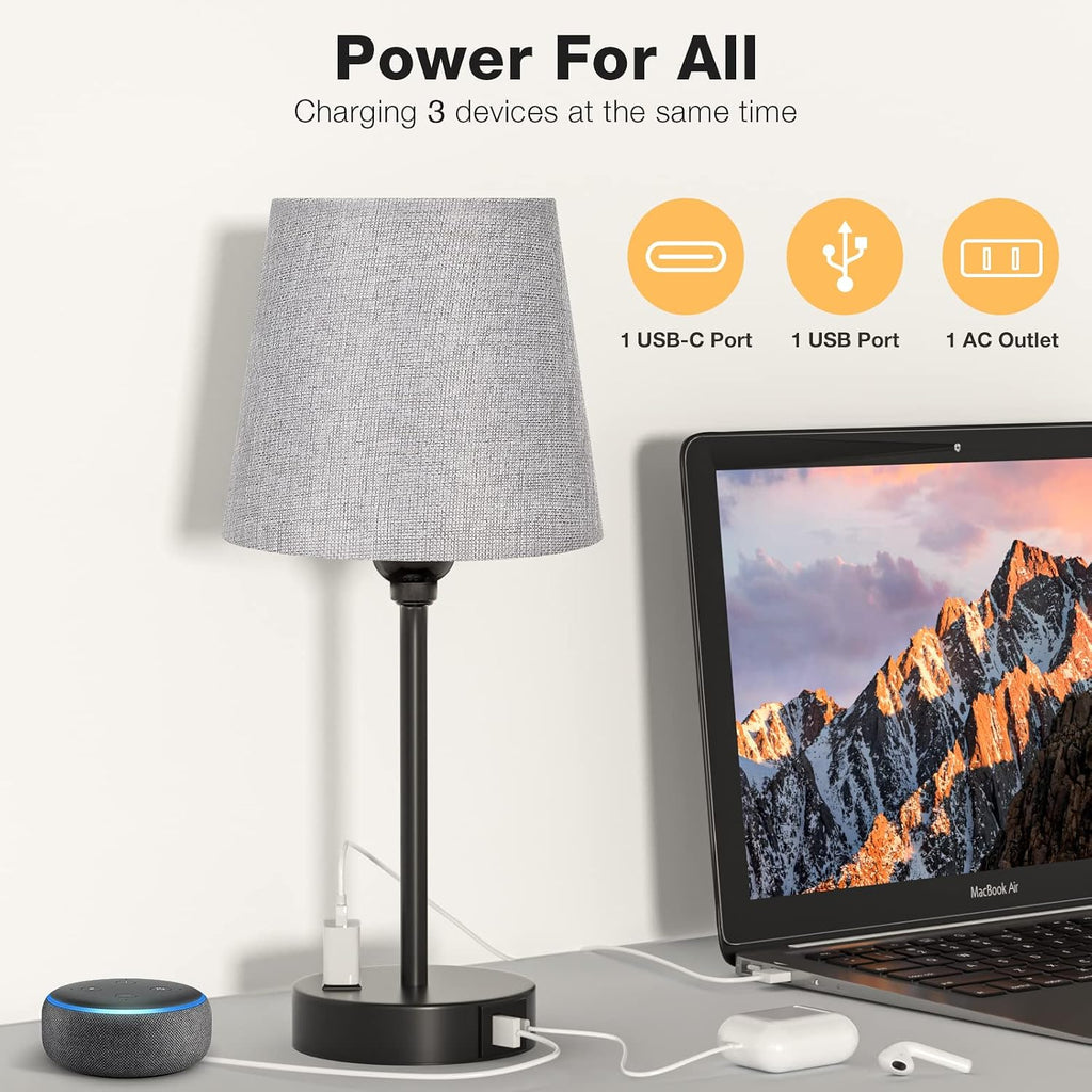 Grey Bedside Lamps for bedrooms Set of 2 - Nightstand Bedroom Lamp with USB C Port and AC Outlet Charging, 3 Way Dimmable Touch Control…