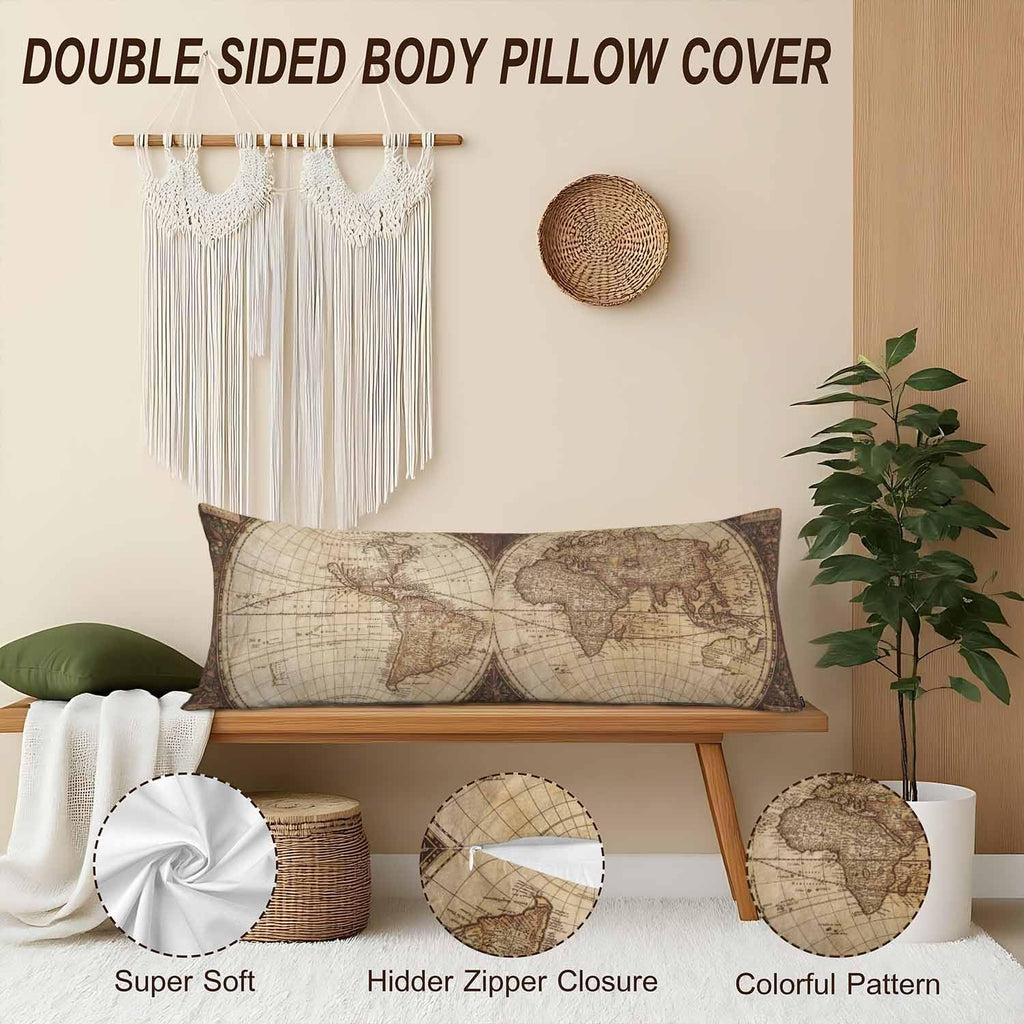 Body Pillowcases with Zipper Retro World Map Cozy Body Pillow Covers Cushion Cover 20 X 54 Inches, Old World Map Brown Outdoor Body…
