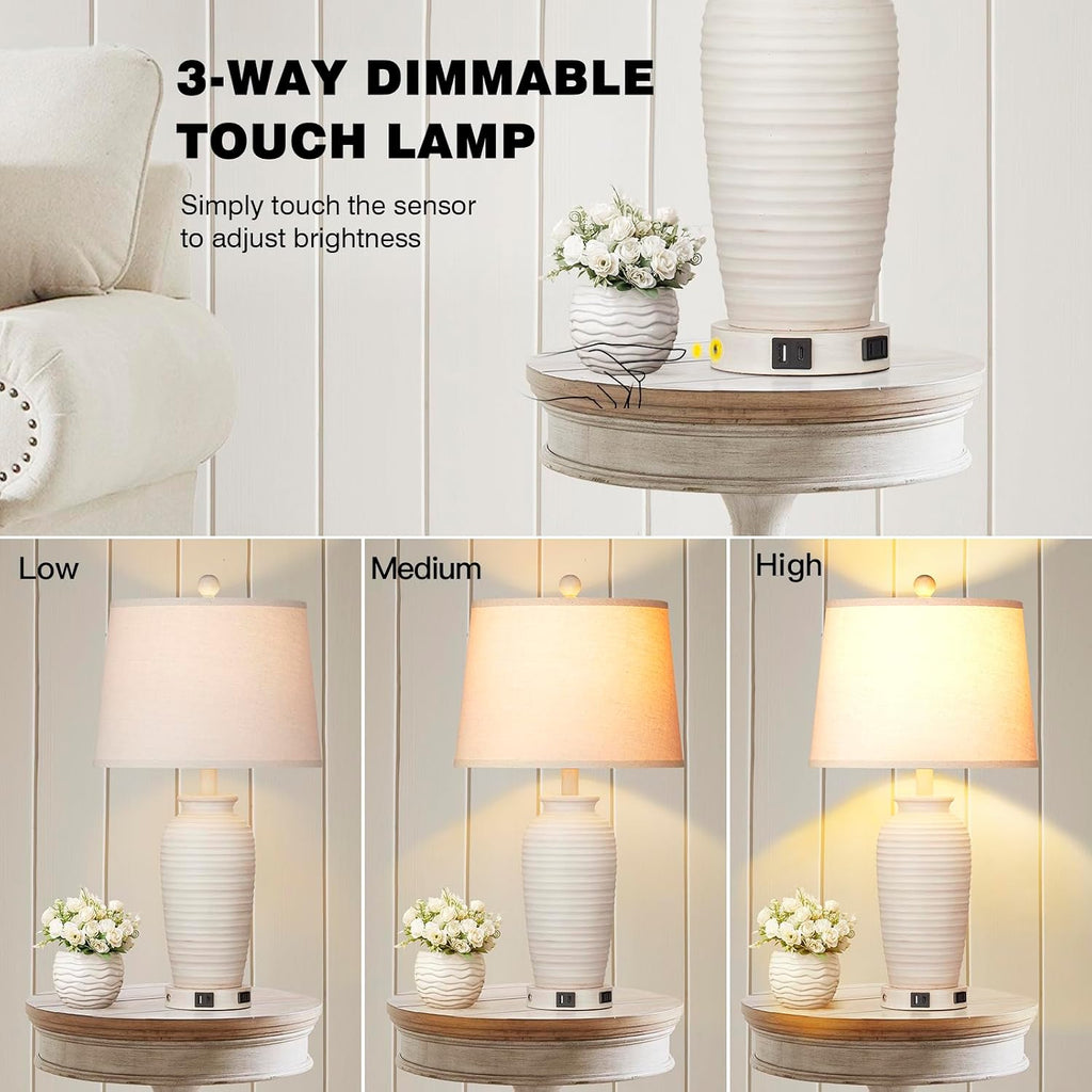 CINSARY 24.3" Farmhouse Jar Table Lamps Set of 2, 3 Way Touch Control Rustic Bedside Lamps with USB A+C Ports & AC Outlet, Pot Nightstand…