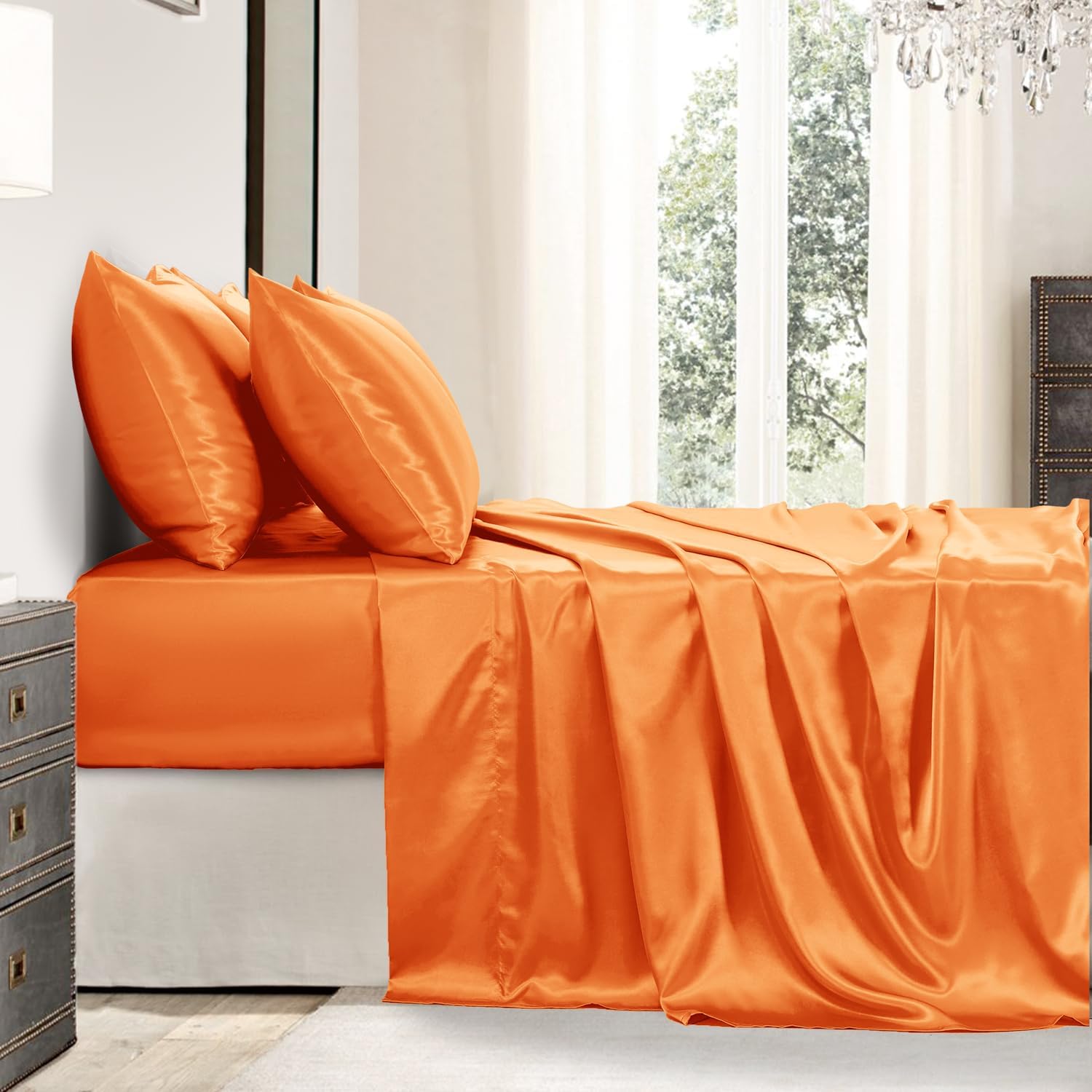 Golal Satin Sheets Full Size - 6 Pieces Luxury Silky Soft Bed Sheets, Wrinkle-Free Burnt Orange Satin Silk Sheet Set with 1 Deep Pocket Fit…