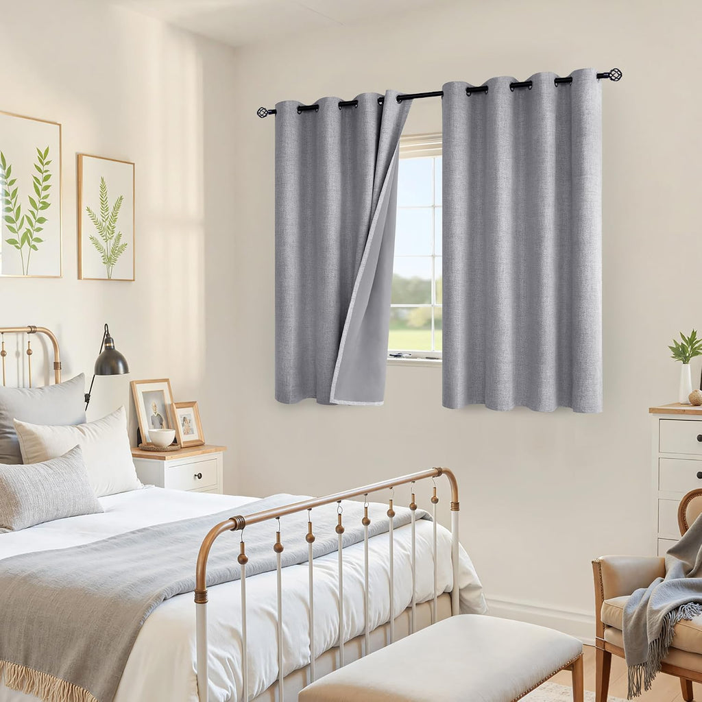 YoungsTex Grey Linen Curtains Blackout 45 Inches Long for Bedroom, Grommet Thermal Insulated Linen Textured Room Darkening Window Drapes fo…