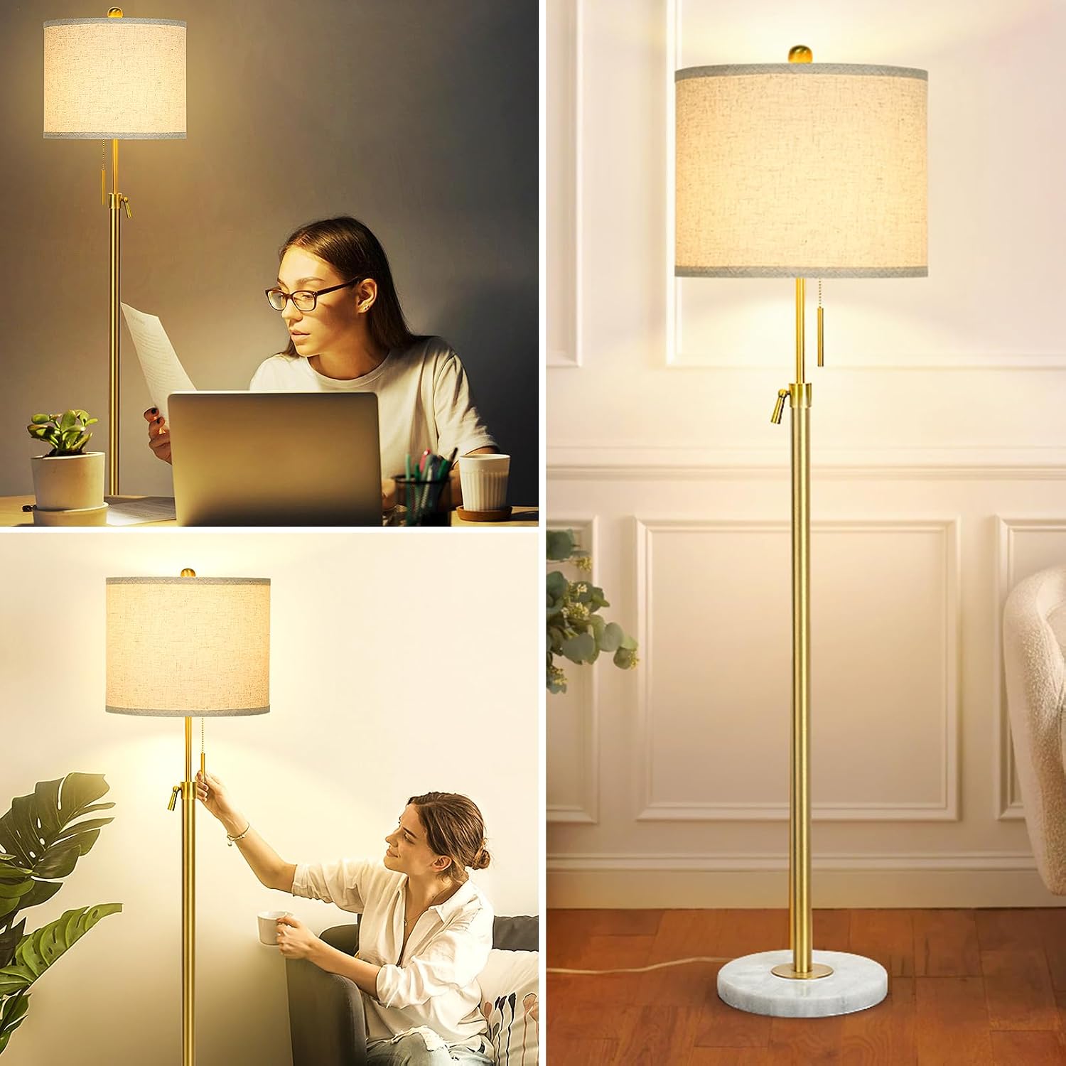 Qingmiao Modern Floor Lamp for Living Room, Adjustable Height Standing Lamp with Marble Base, Gold Tall Pole Light with Linen Shade for…