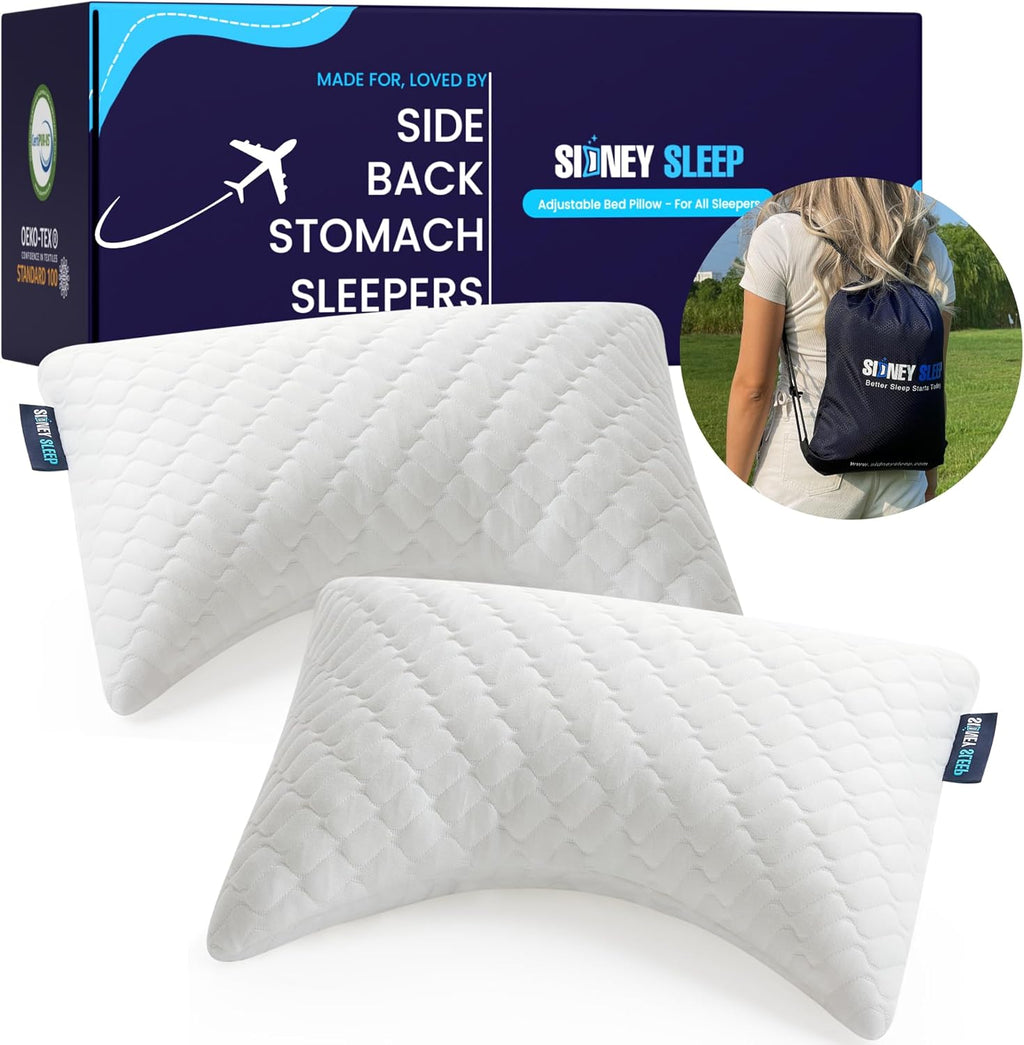 Sidney Sleep Set of 2 Mini Travel Size Neck Pillows - Knee Pillow - Back Lumbar Support - Curved Bed Pillow - 14 x 19 Inches - Adjustable…