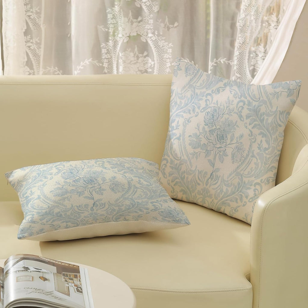 Baby Blue Pillow Covers 18x18 Inch Set of 2 Block Print Floral Throw Pillows Vintage Flower Decorative Boho Outdoor Pillow Cases…