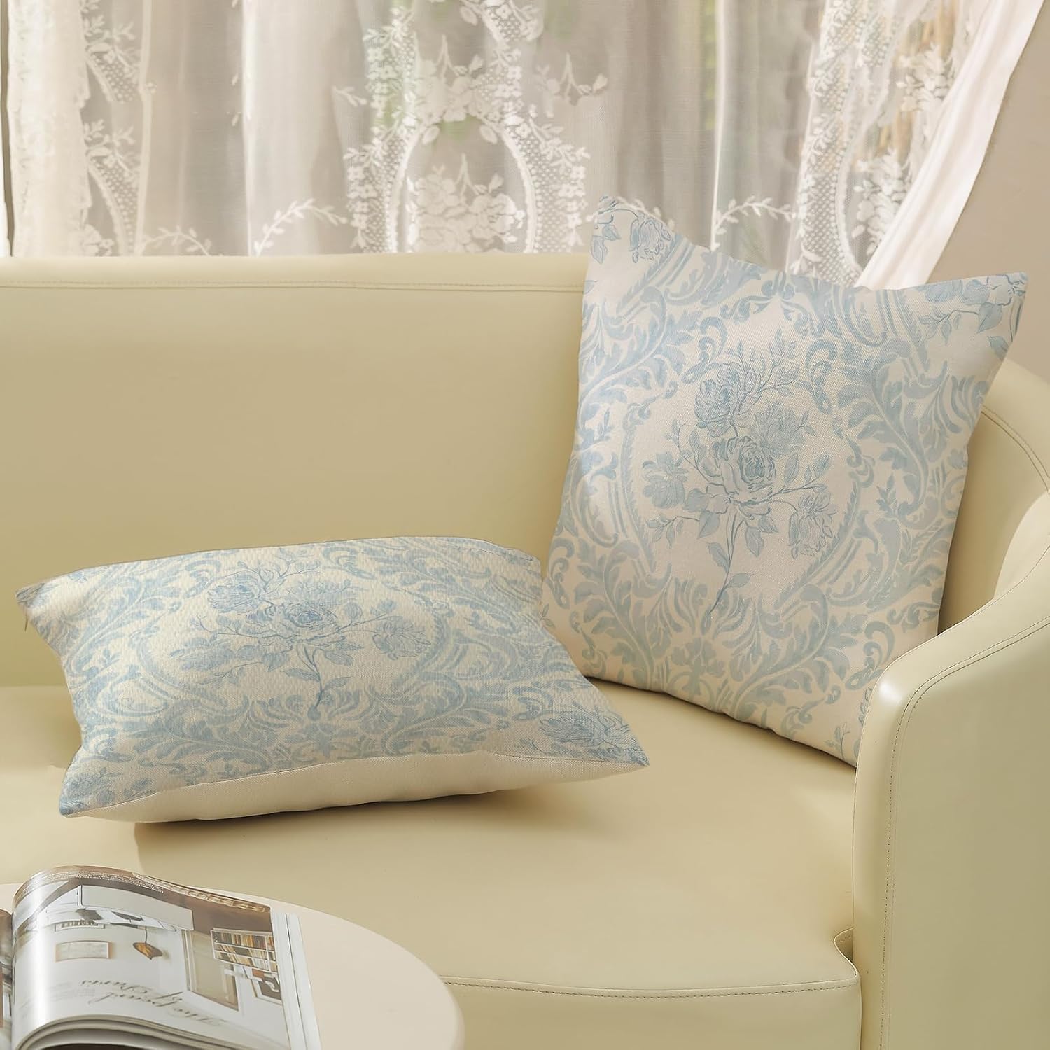 Baby Blue Pillow Covers 18x18 Inch Set of 2 Block Print Floral Throw Pillows Vintage Flower Decorative Boho Outdoor Pillow Cases…