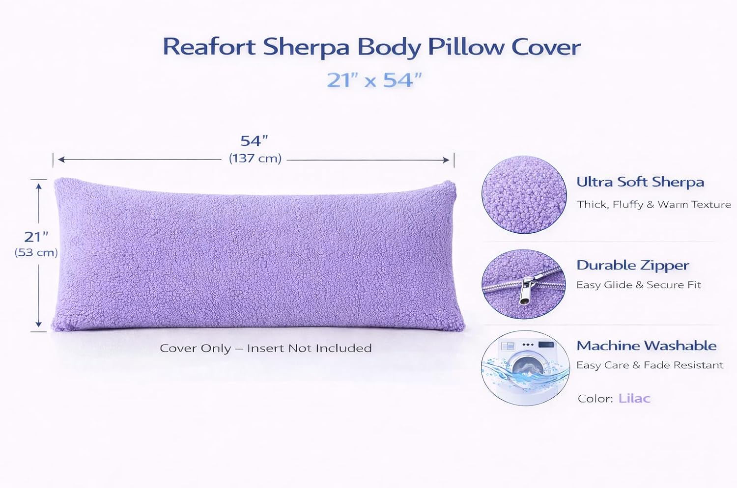 Reafort Sherpa Body Pillow Cover 21" x 54", Plush Fleece Long Body Pillowcase with Zipper Closure, Ultra Soft Fluffy Cozy Decorative…