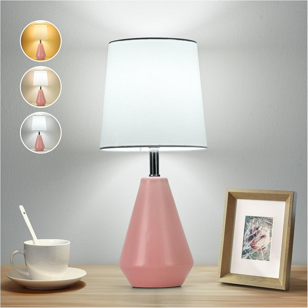 Small Bedside Table Lamp for Bedroom - Reading Desk Lamp with 3 Color Temperatures,15.5" Nightstand Ceramic Lamp with Fabric Shade for…