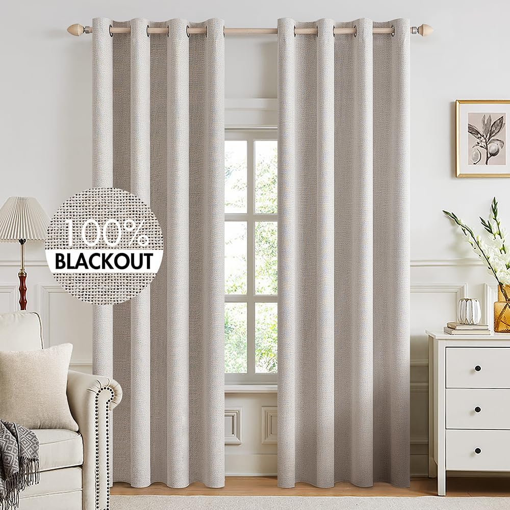 Miulee 100% Blackout Linen Textured Curtains for Bedroom Solid Thermal Insulated Ivory Grommet Room Darkening Curtains & Drapes Luxury Deco…