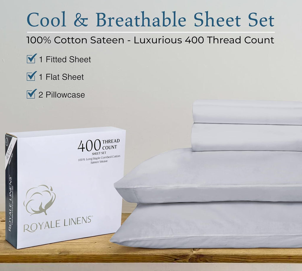 Royalelinens Royale Linen 400 Thread Count 100% American Grown Cotton 4 Piece Sateen Queen Sheet Set - 1 Fitted Sheet, 1 Flat Sheet, 2 Pill…