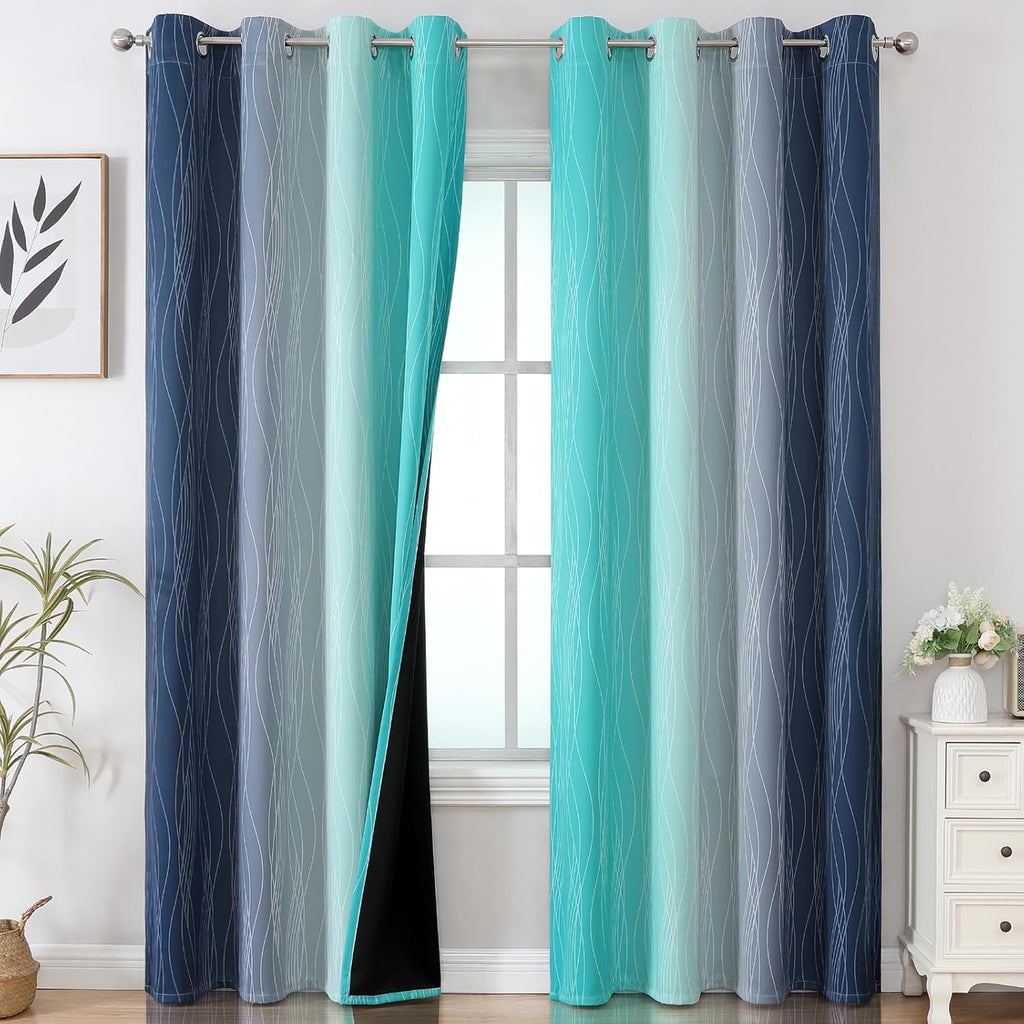 Estelartextiler Estelar Textiler Navy Blue and Teal Gradient Blackout Curtains for Bedroom, Thermal Insulated Ombre Blackout Drapes, Full R…