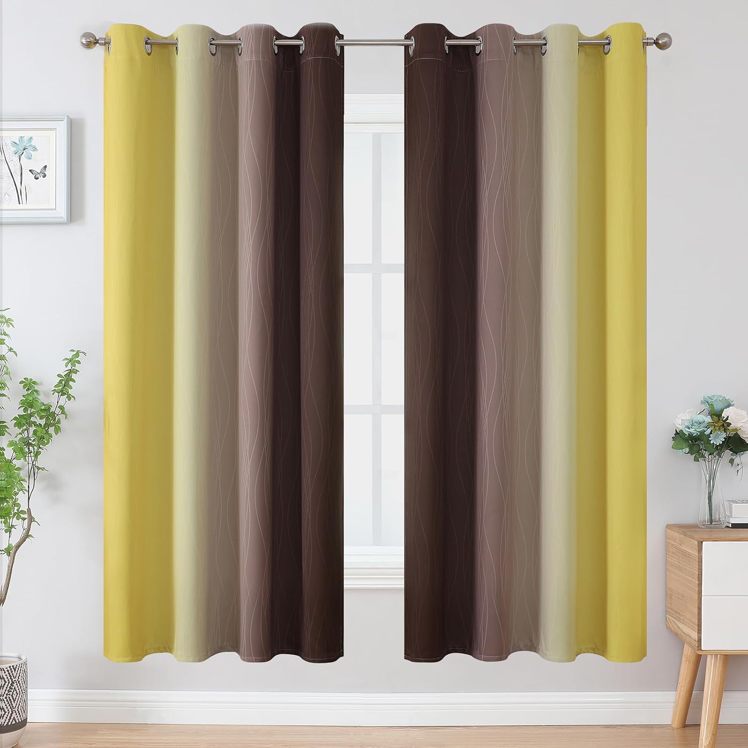 Estelartextiler Estelar Textiler Brown and Yellow Blackout Curtains for Living Room, Full Room Darkening Grommet Ombre Curtains for Bedroom…