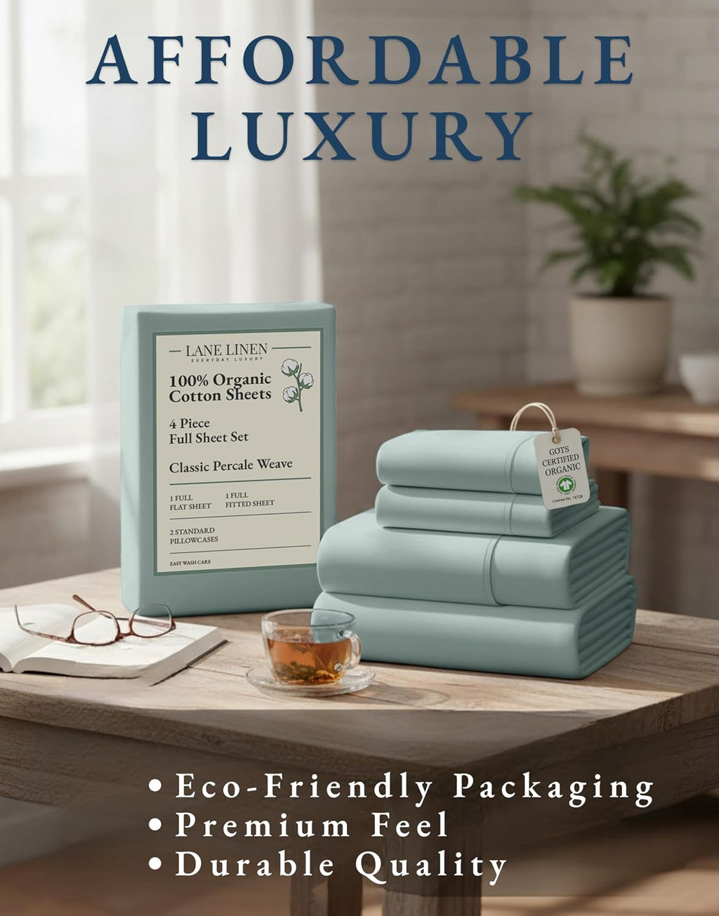 LaneLinen LANE LINEN 100% Organic Cotton Full Sheets Set 4-Piece Pure Percale Soft Bedding Breathable Fits Mattress Upto 15" Deep - French…