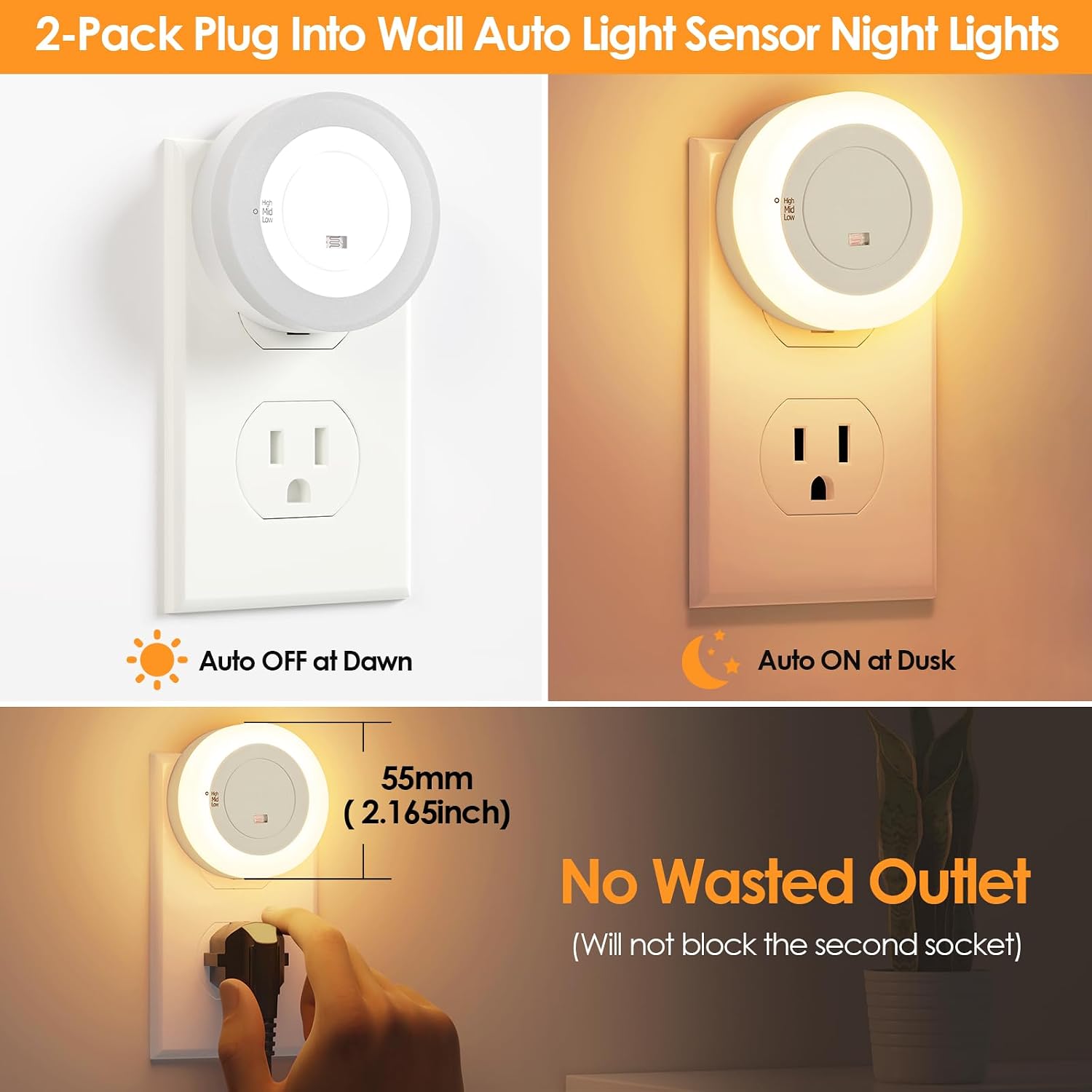 FOLKSMATE LED Night Lights Plug in, 2-Pack Dimmable Nightlight Plug Into Wall with Light Sensor, Soft White Adjustable for Adults…