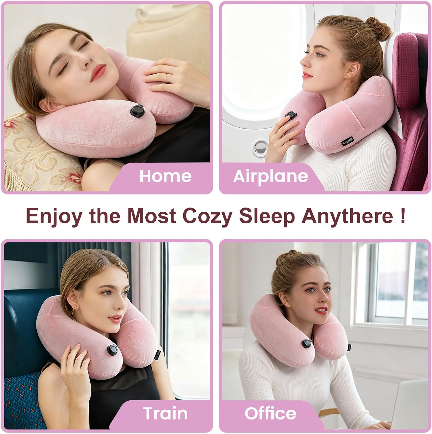Keemall Inflatable Travel Pillow, Premium Soft Pink Velvet Neck Pillow, Washable Lightweight Portable Travel Essentials for Flight Road…