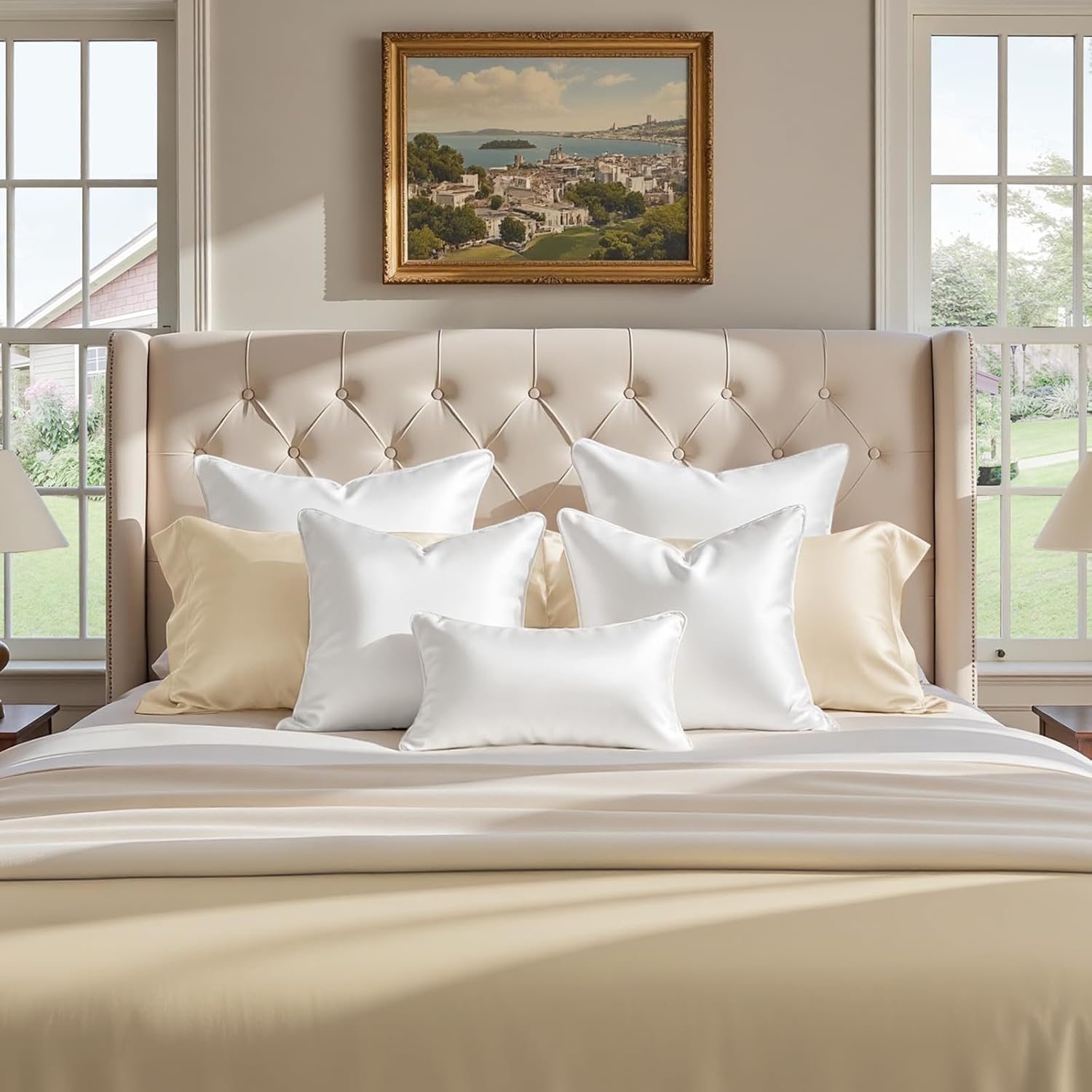 Homeideas White Decorative Throw Pillow Covers 24x24 Set of 2, Glossy Faux Silk Pillow Covers for Couch Sofa Bed Decor Luxury Summer Euro S…