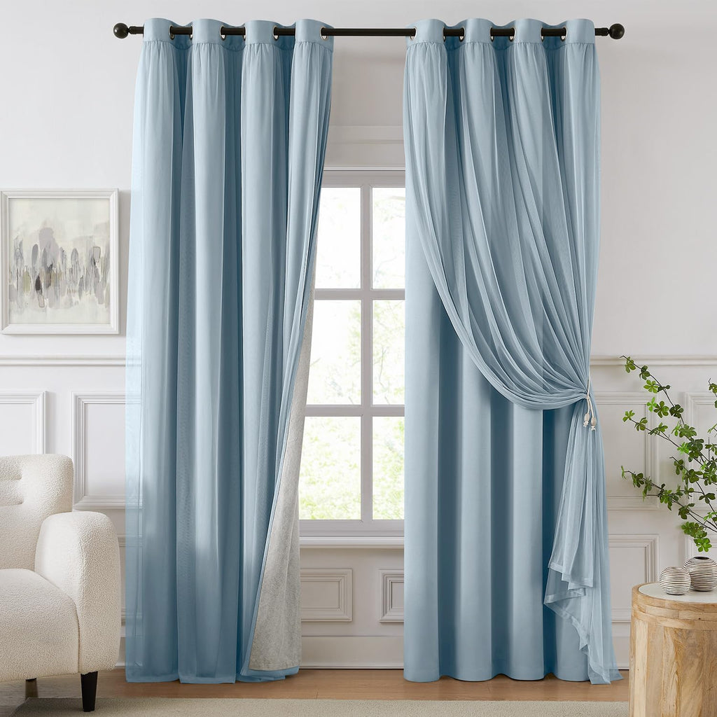 Swandream Blackout Curtains for Bedroom, Double Layer Blue Curtains, Black Out Curtain 72 inch Long with Sheer Overlay for Living Room, Roo…