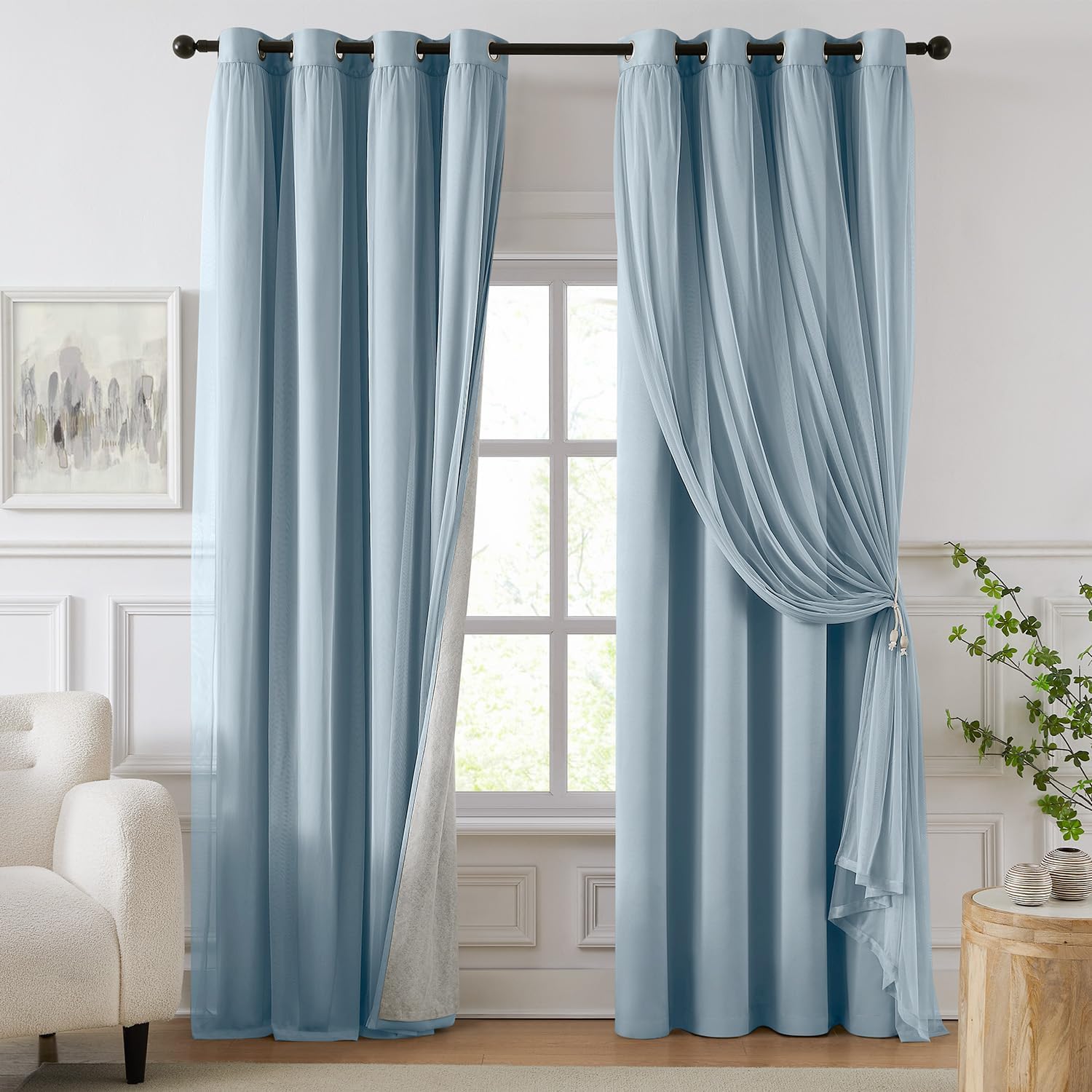 Swandream Blackout Curtains for Bedroom, Double Layer Blue Curtains, Black Out Curtain 72 inch Long with Sheer Overlay for Living Room, Roo…