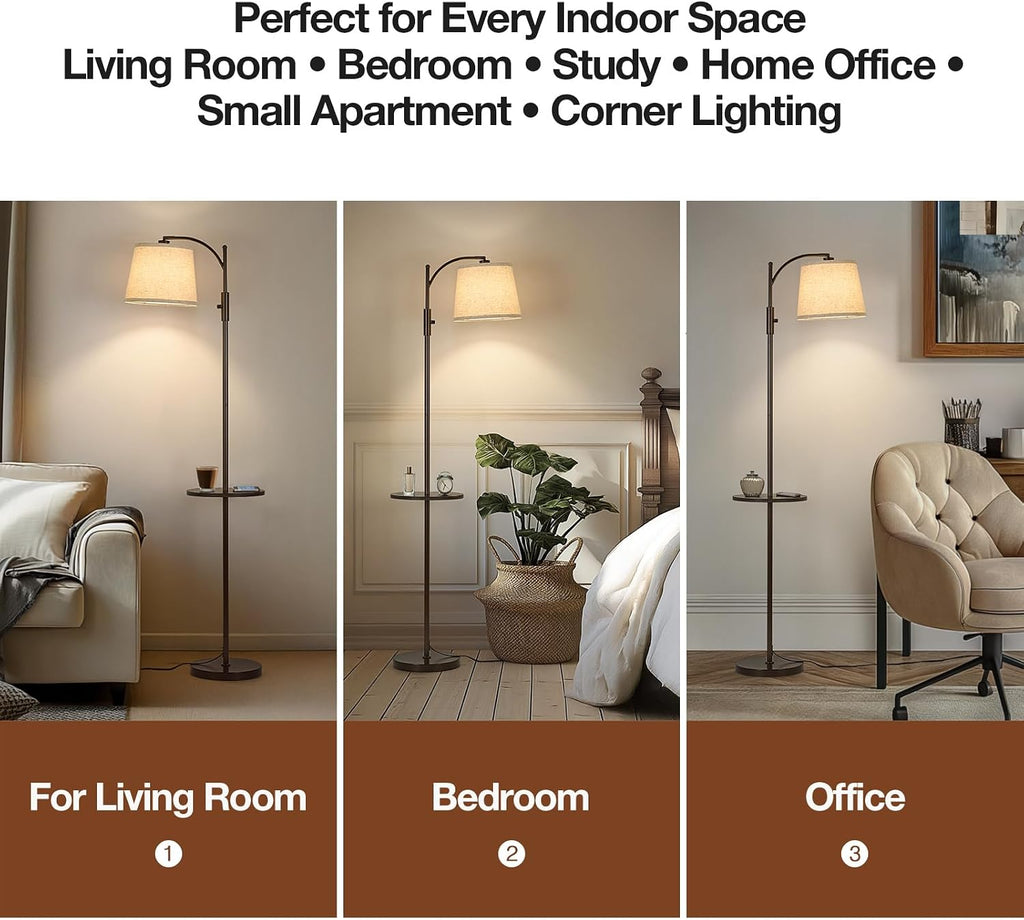 AIDENOEY Fully Dimmable Floor Lamp for Living Room, Standing Lamp Rotary Switch with Table&Linen Beige Shade, Brown Tall Lamps for Bedroom…