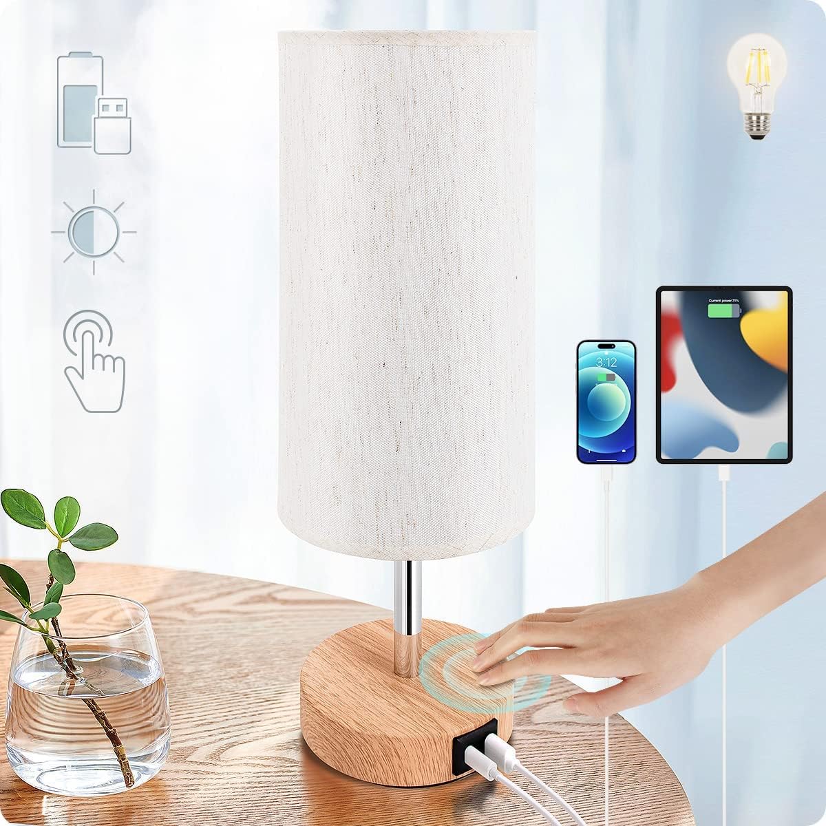 Yarra-Decor Bedside Lamp with USB A+C Port - Touch Control Table Lamp for Bedroom Wood 3 Way Dimmable Nightstand Lamp with Round Flaxen…