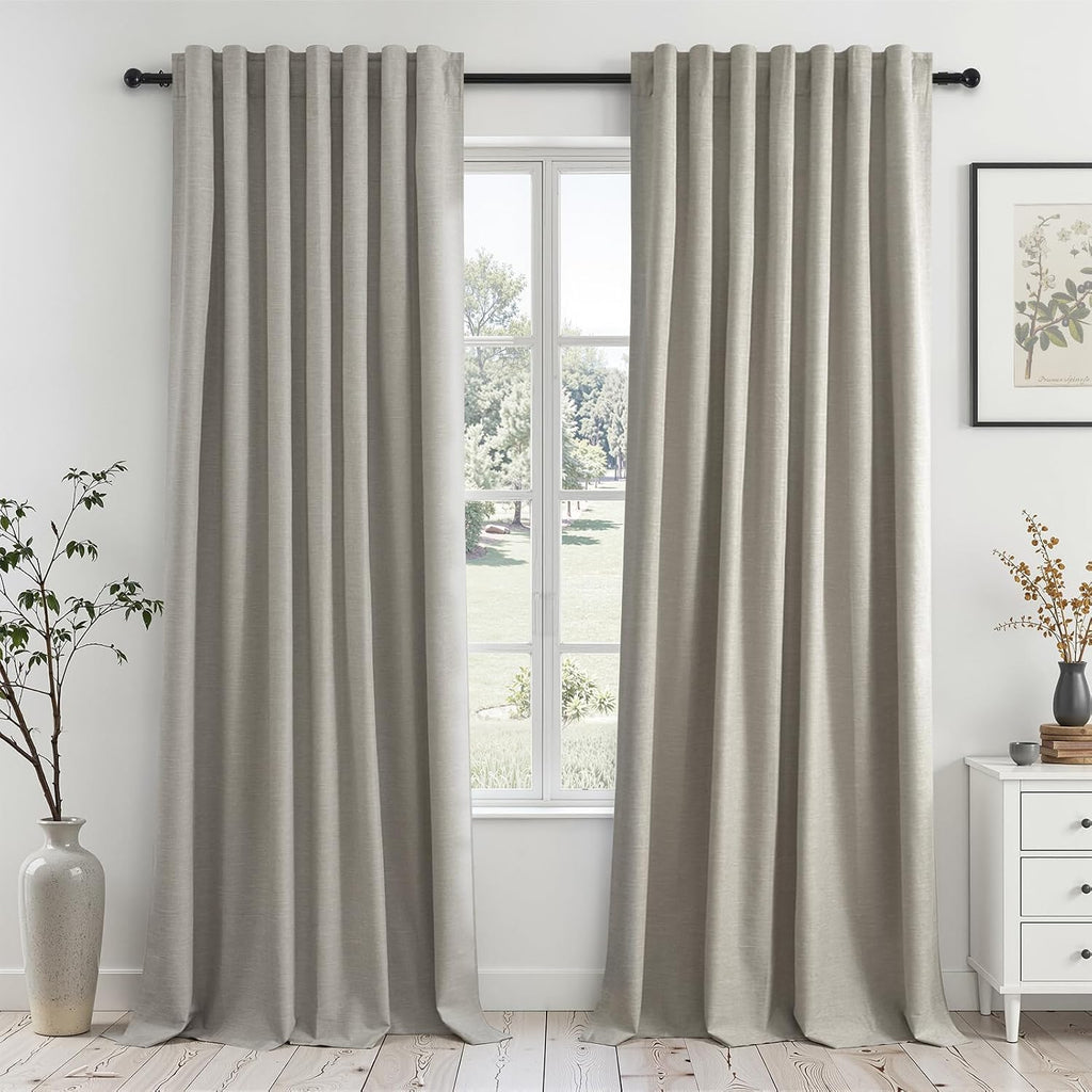 Topfinel Flax Grey Blackout Curtains 95 Inch Length 2 Panels for Dining Room Darkening Curtain for Bedroom Linen Textured 100% Black Out Su…