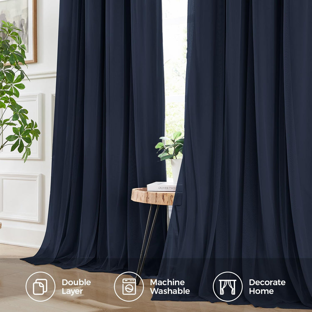 Swandream Blackout Curtains for Bedroom, Double Layer Navy Blue Curtains, Black Out Curtain 90 inch Long with Sheer Overlay for Living Room…