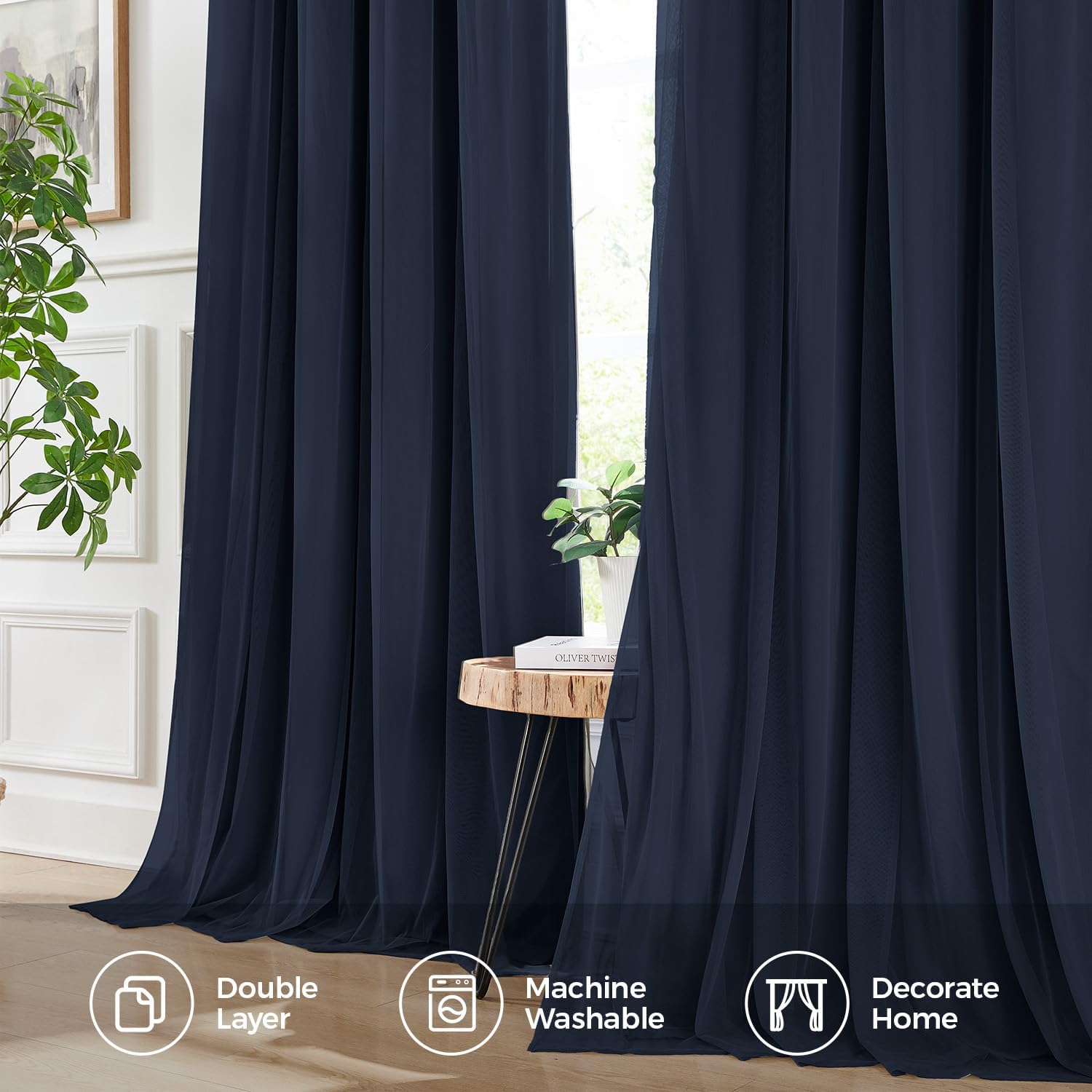 Swandream 100% Blackout Curtains for Bedroom, Double Layer Navy Blue Curtains, Black Out Curtain 63 inch long With Sheer Overlay for Living…