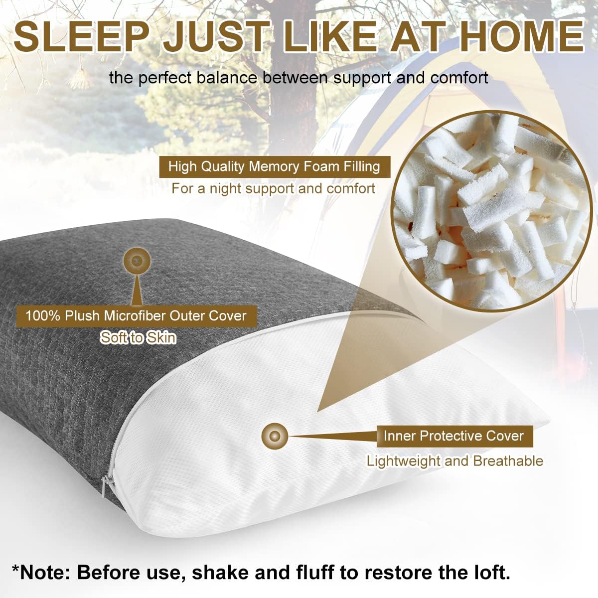 Ivellow Travel Pillow Camping Pillow for Sleeping Small Shredded Memory Foam Pillow Compressible Compact Medium Firm, Soft Breathable Cover…