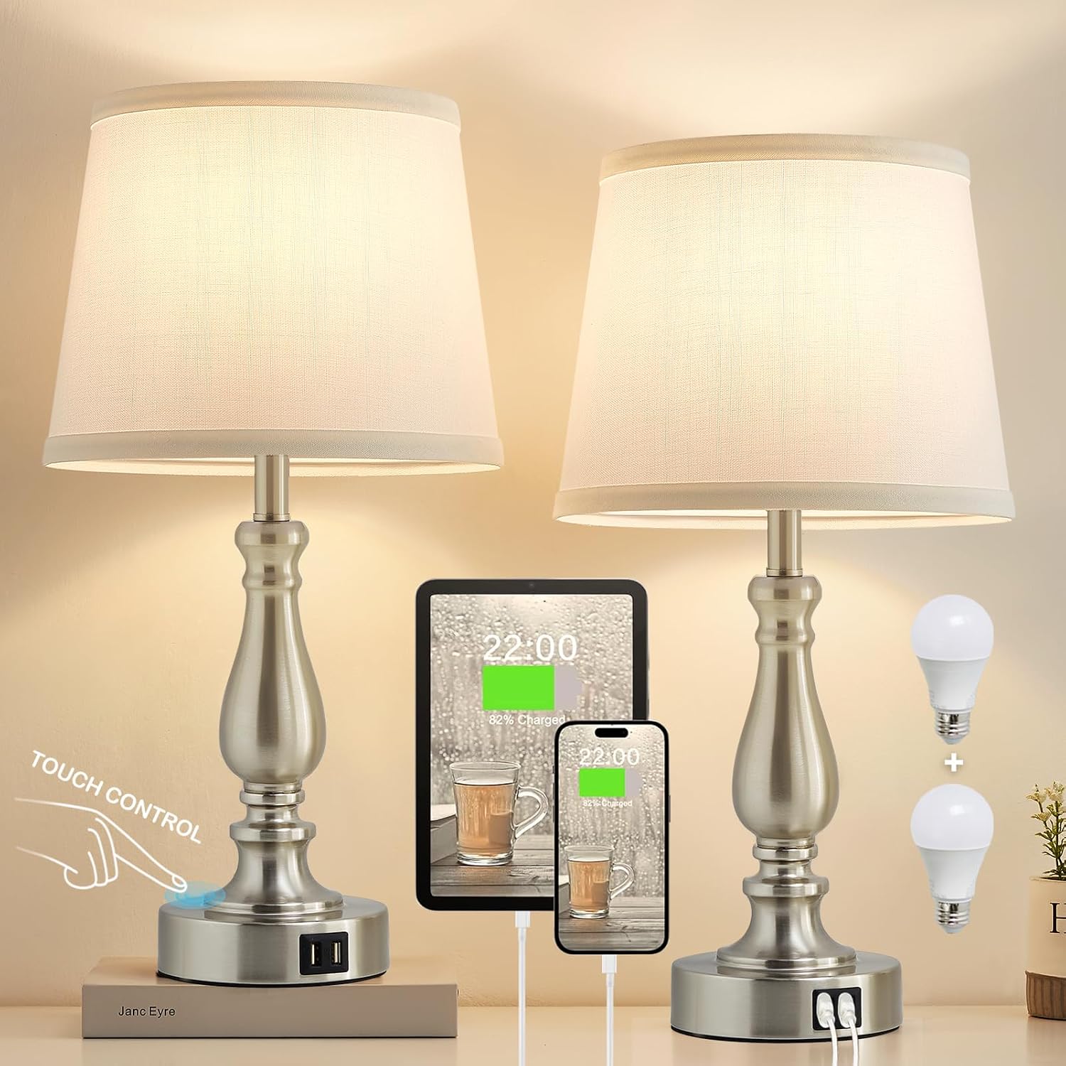 EJIAXIN Table Lamps for Bedrooms Set of 2 - Touch Bedside Lamps with USB C+A Ports, Dimmable White Nightstand Lamps for End Tables…