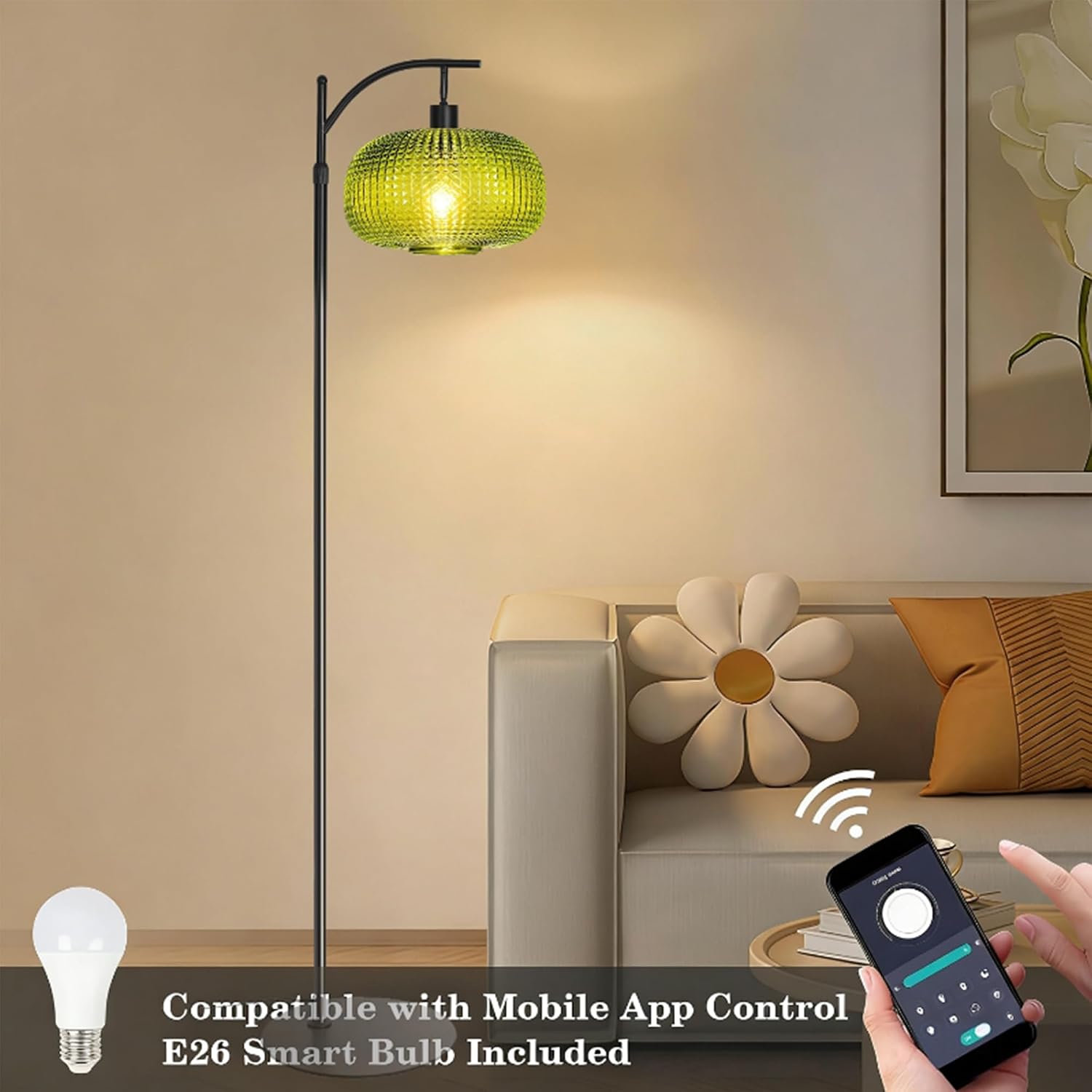 Floor Lamp for Living Room with Green Glass Shade, Modern Standing Lamp with Remote Control, Black Dimmable Tall Lamp for Bedroom Office…